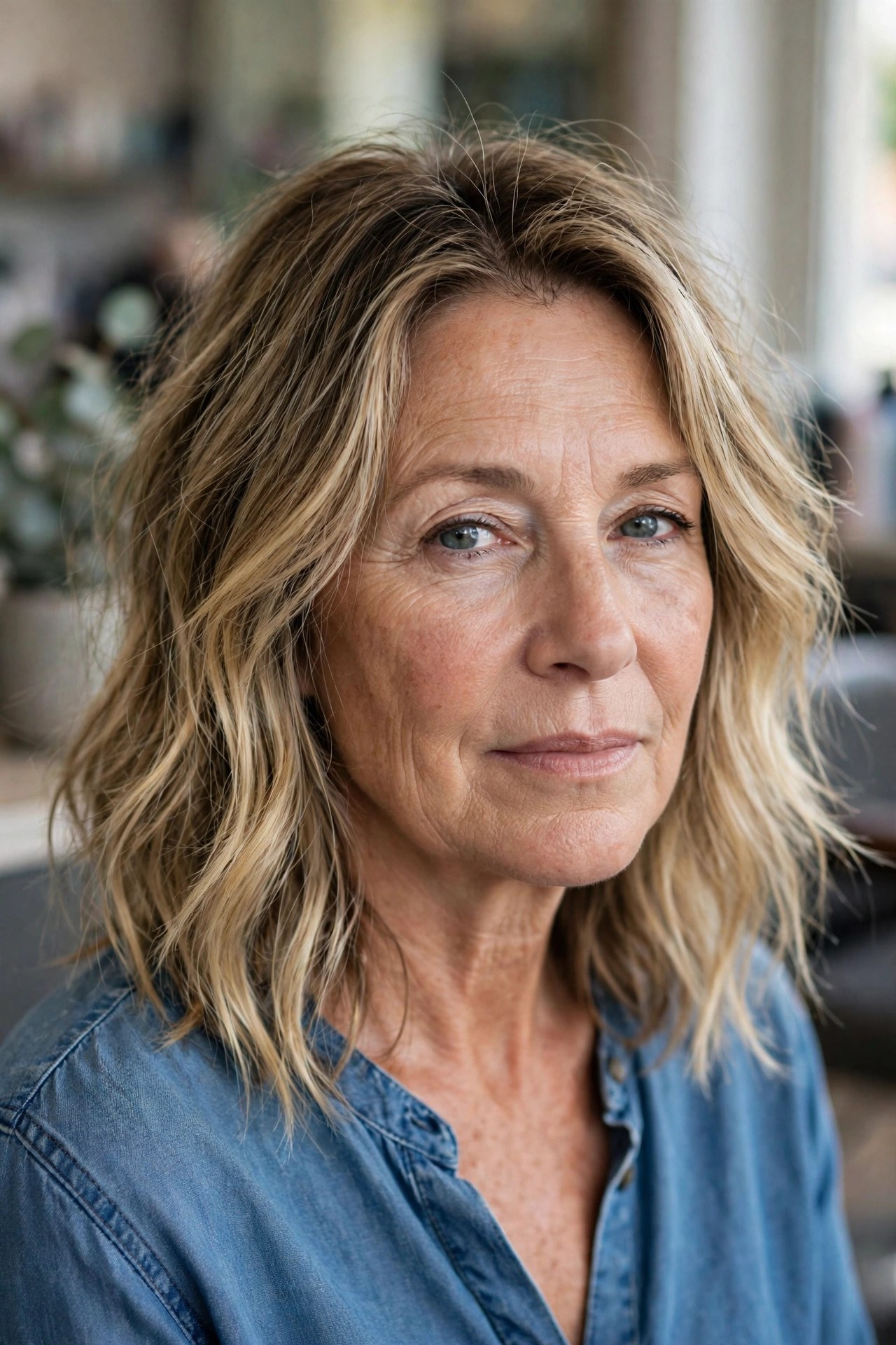 Tousled Lob with Beachy Texture on fine hair, woman over 50