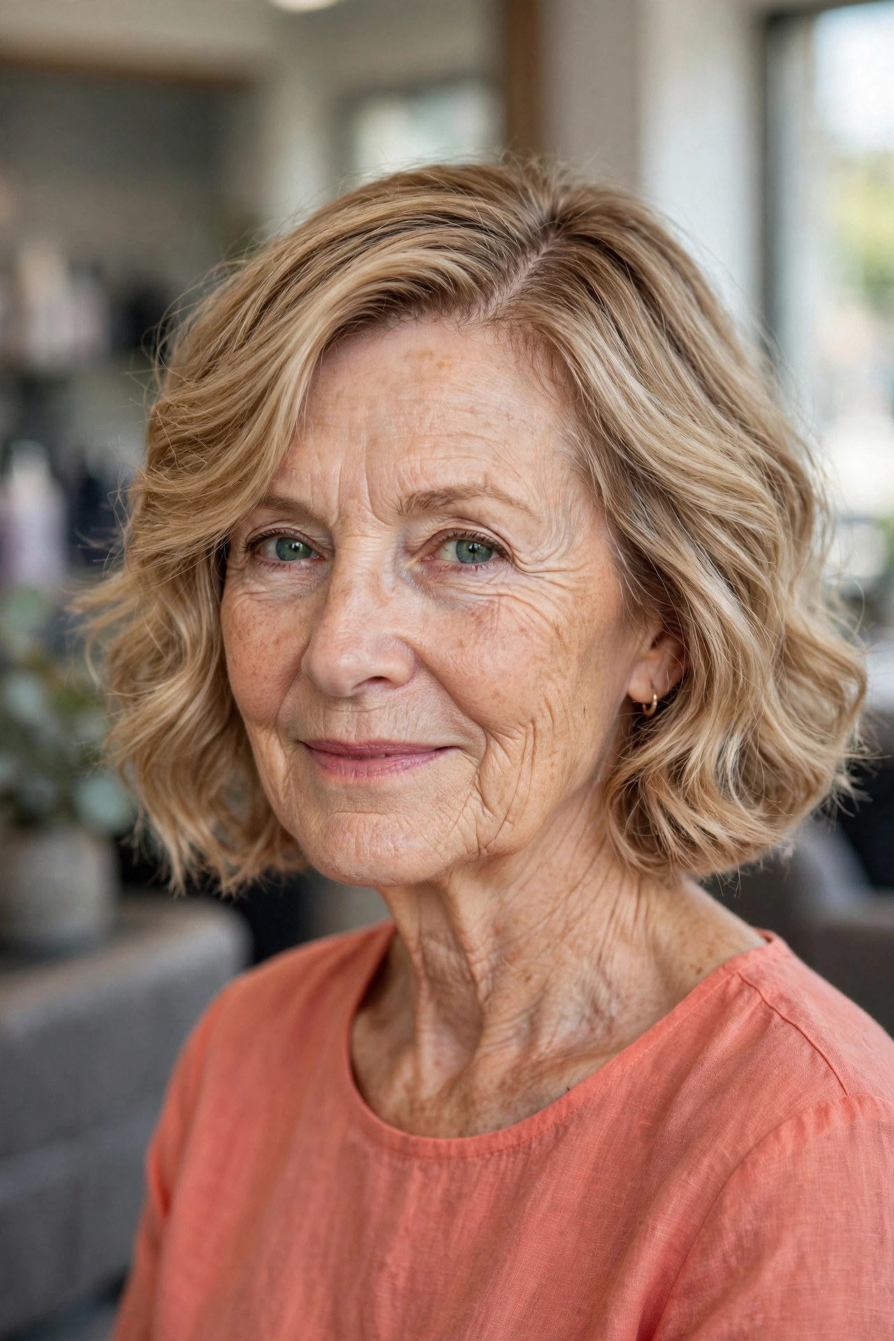 Wavy Bob with a Deep Side Part on fine hair, woman over 50
