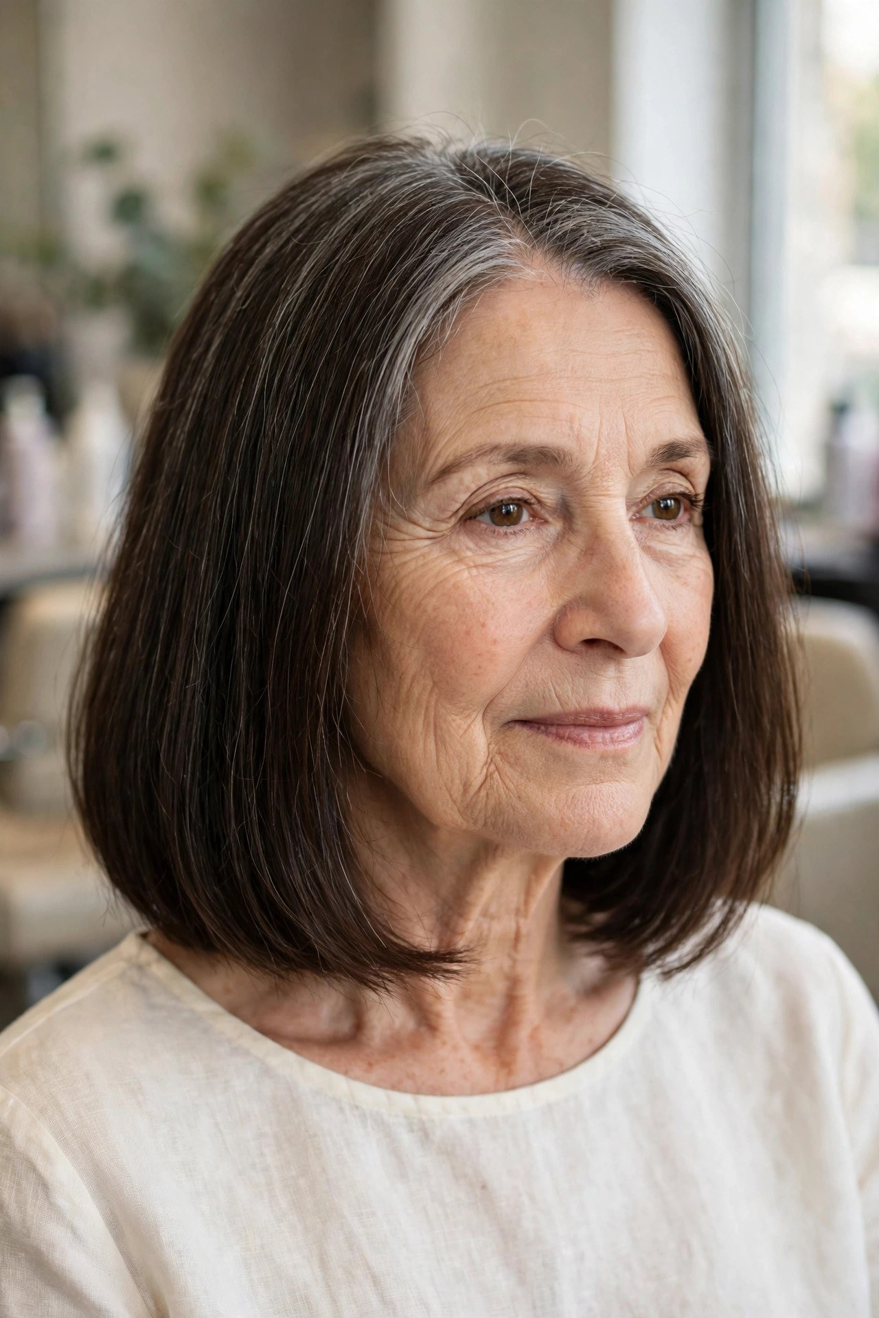 Collarbone Cut with Blunt Ends and a Soft Bend on fine hair, woman over 50