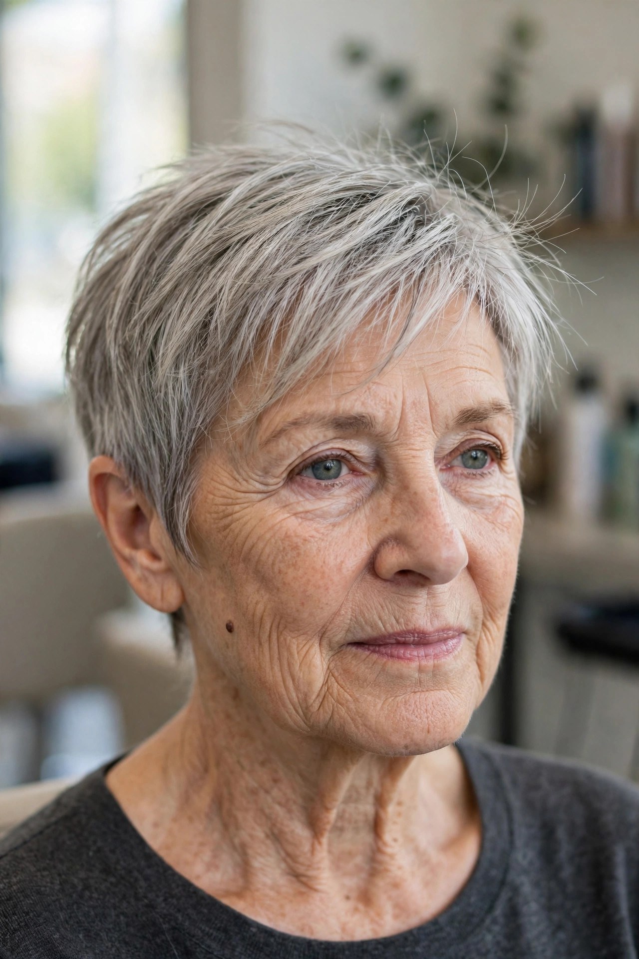 Feathered Pixie with a Longer Top on fine hair, woman over 50