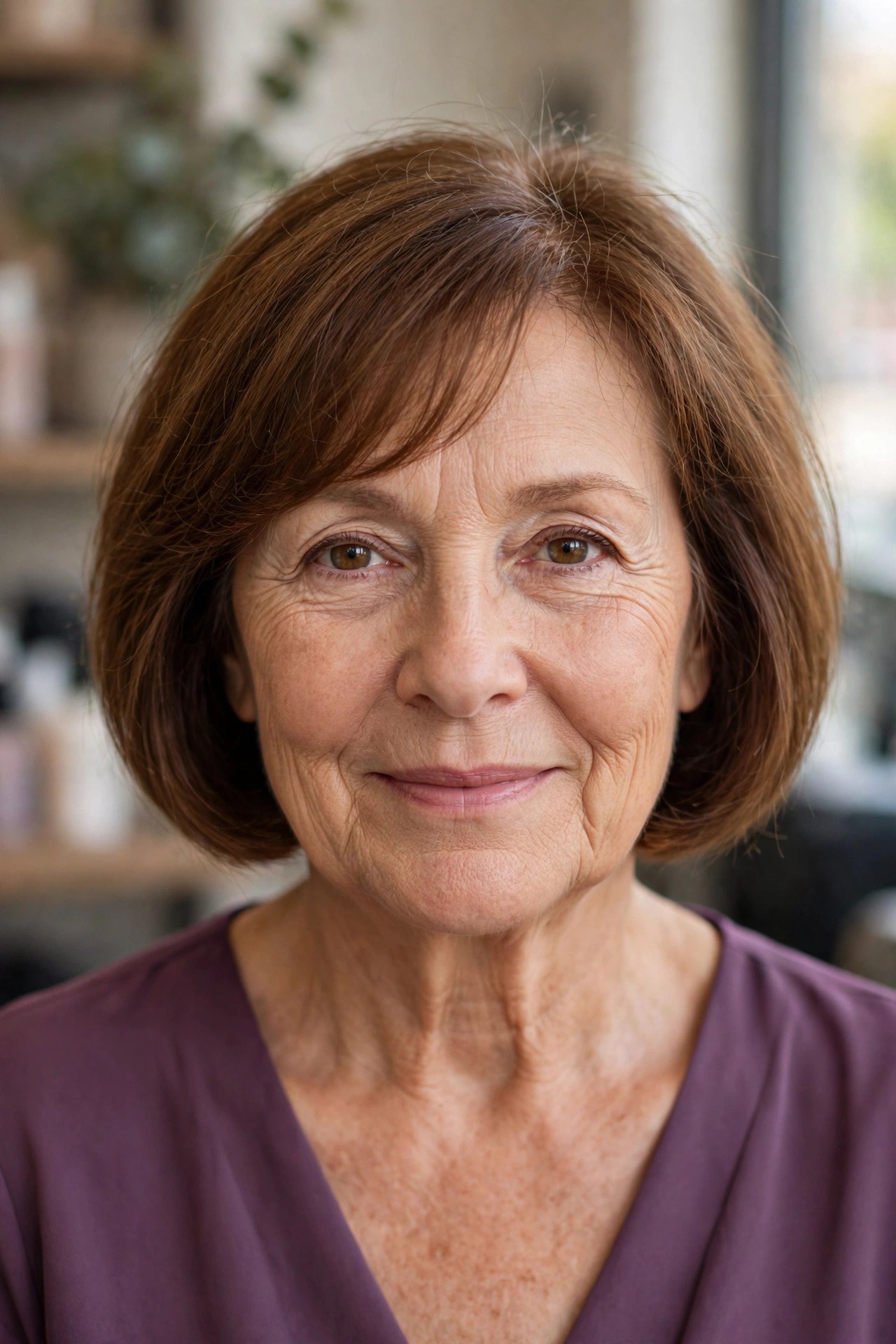 Rounded Bob with Side-Swept Bangs on fine hair, woman over 50