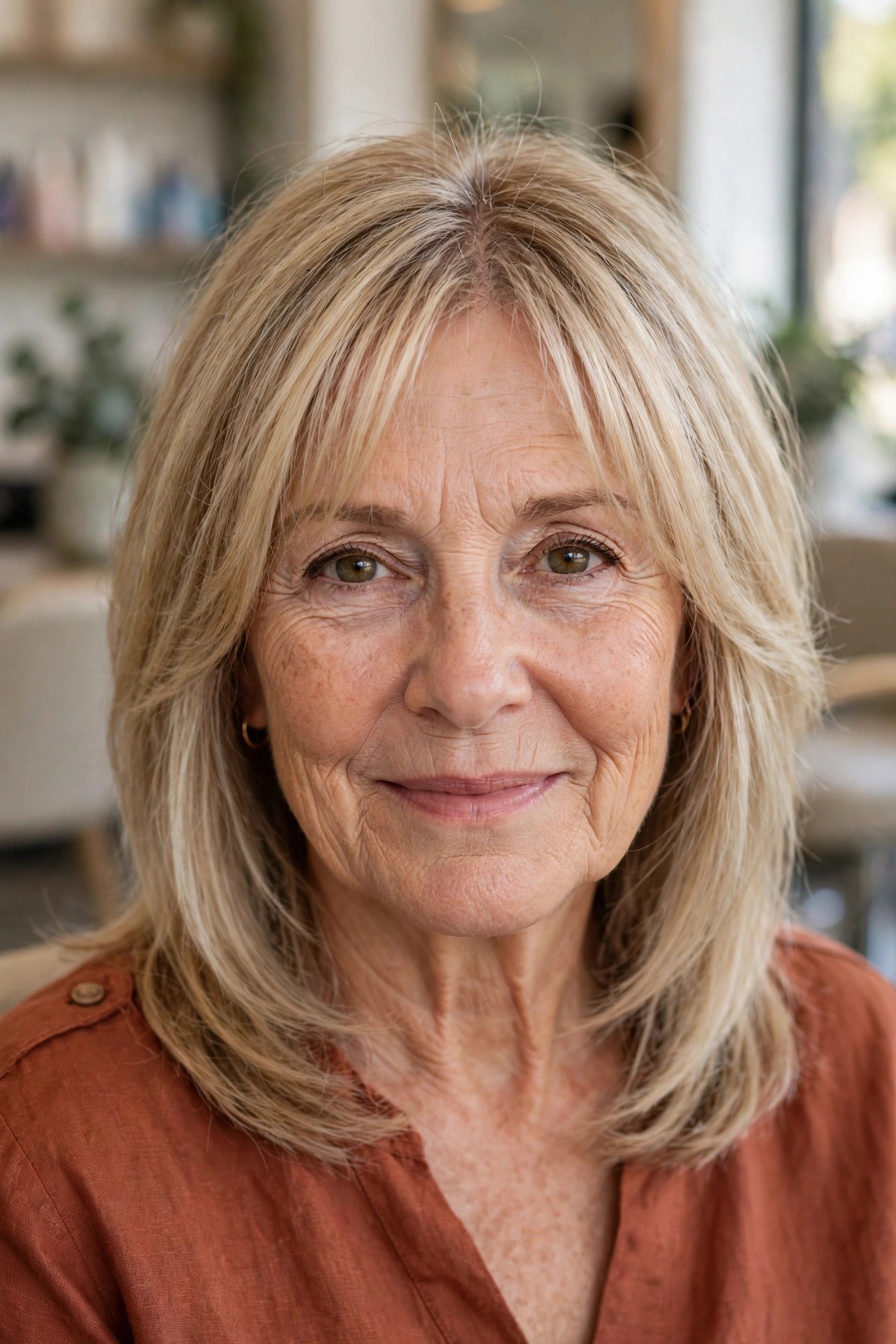 Layered Shoulder Cut with Curtain Bangs on fine hair, woman over 50