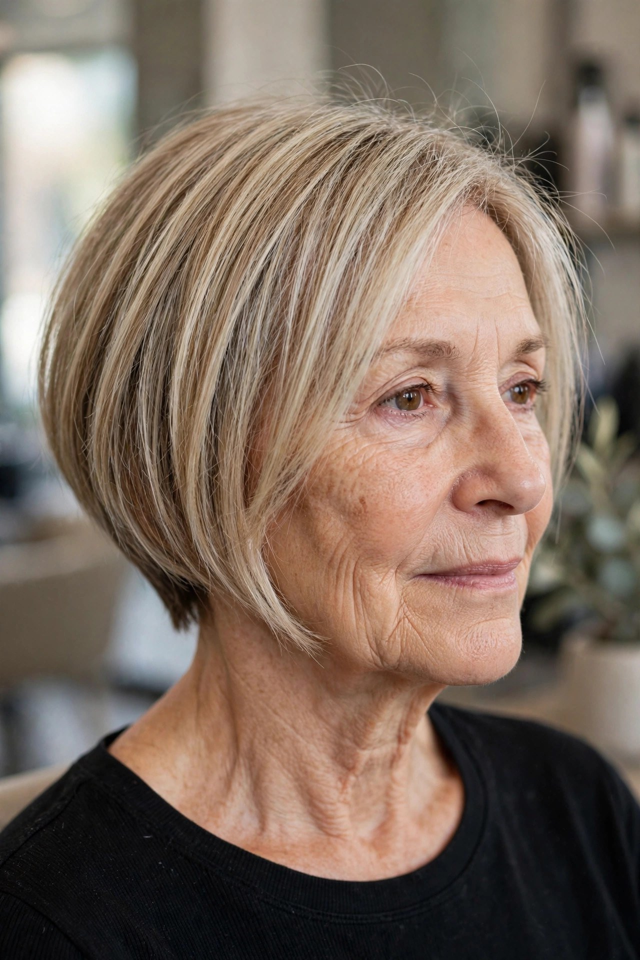Angled Bob with Dimensional Highlights on fine hair, woman over 50