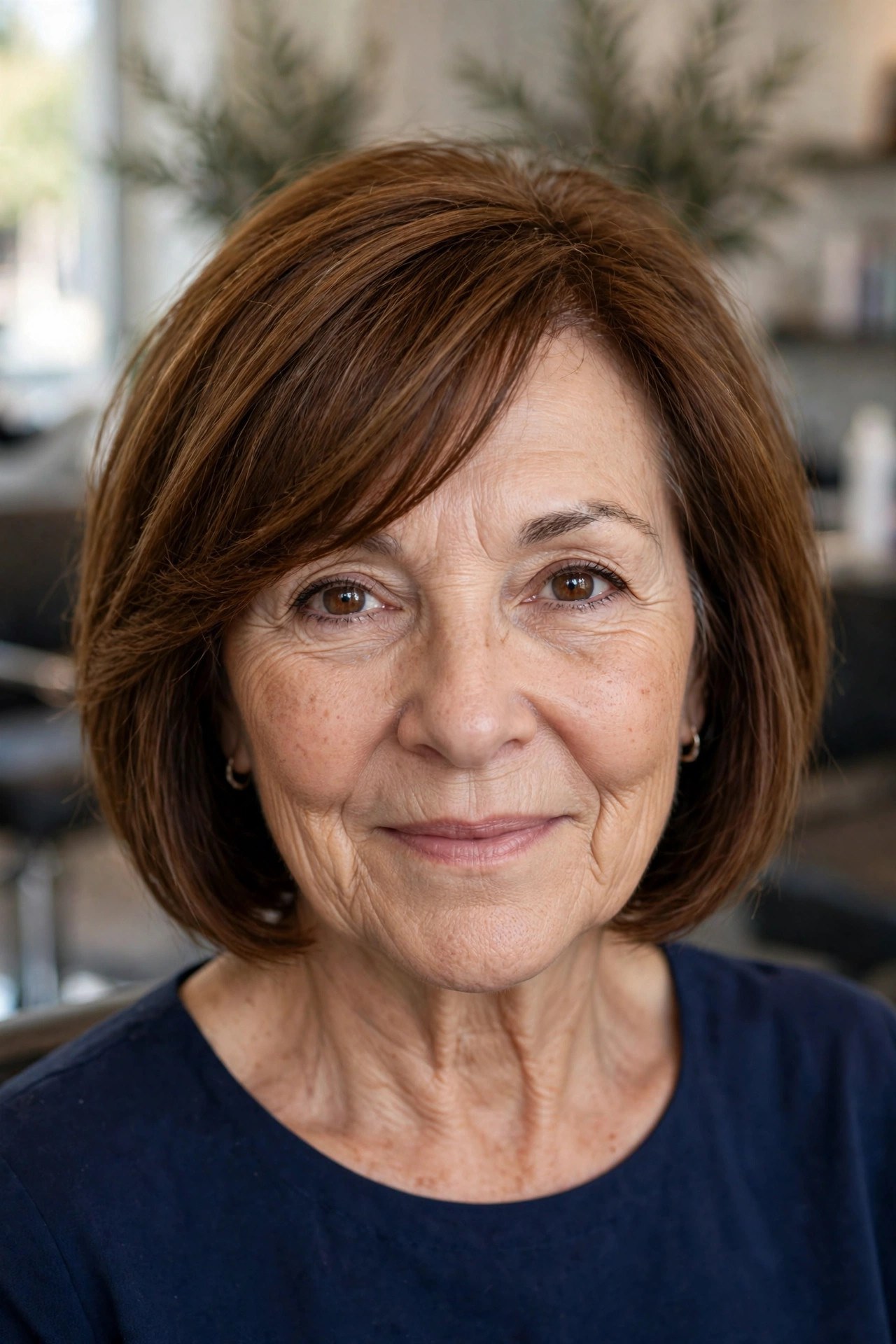 Chin-Length Bob With a Long Side-Swept Fringe on a woman over 50 with a heart-shaped face and wide forehead