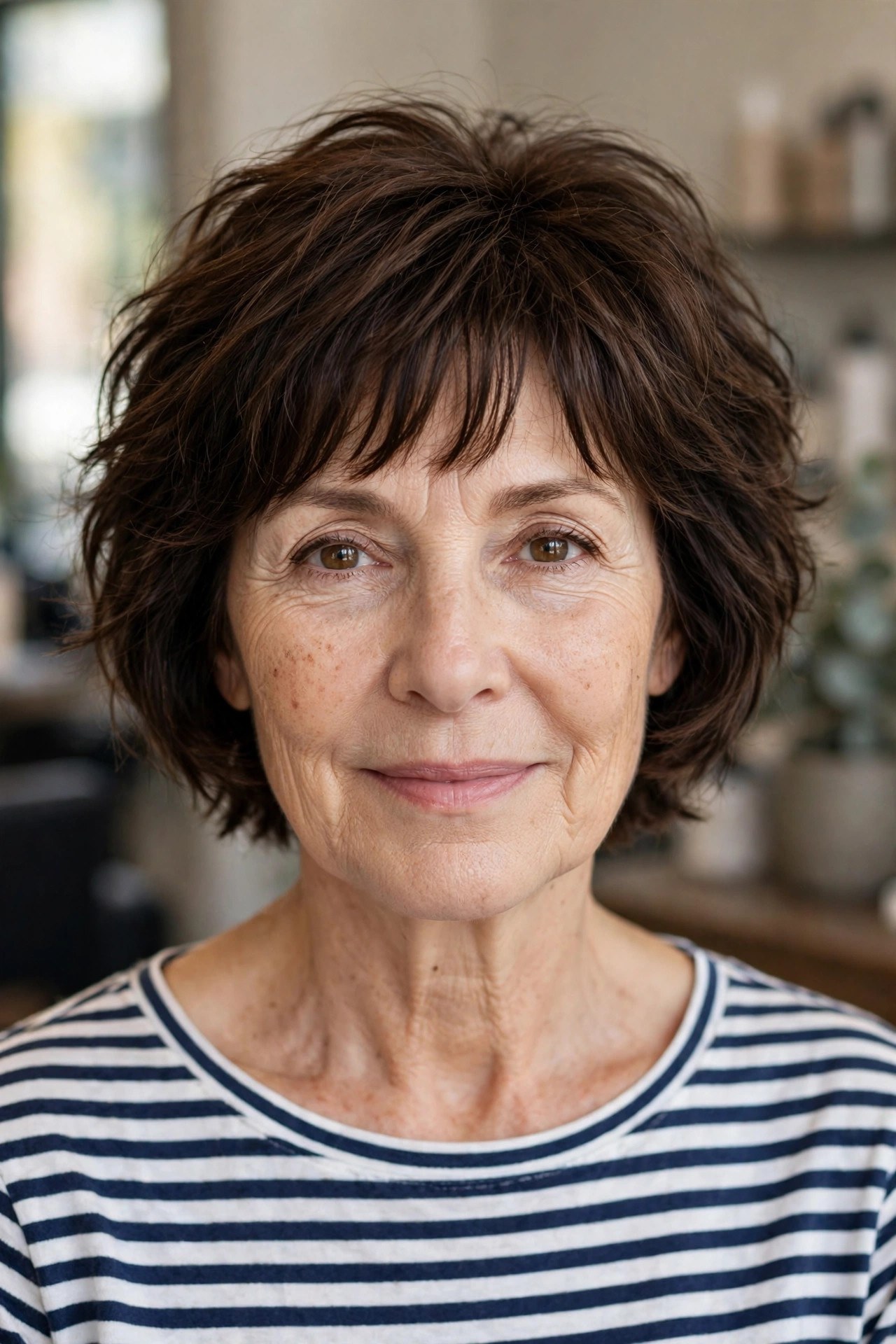 Textured French Bob With a Soft Fringe on a woman over 50 with a heart-shaped face and wide forehead