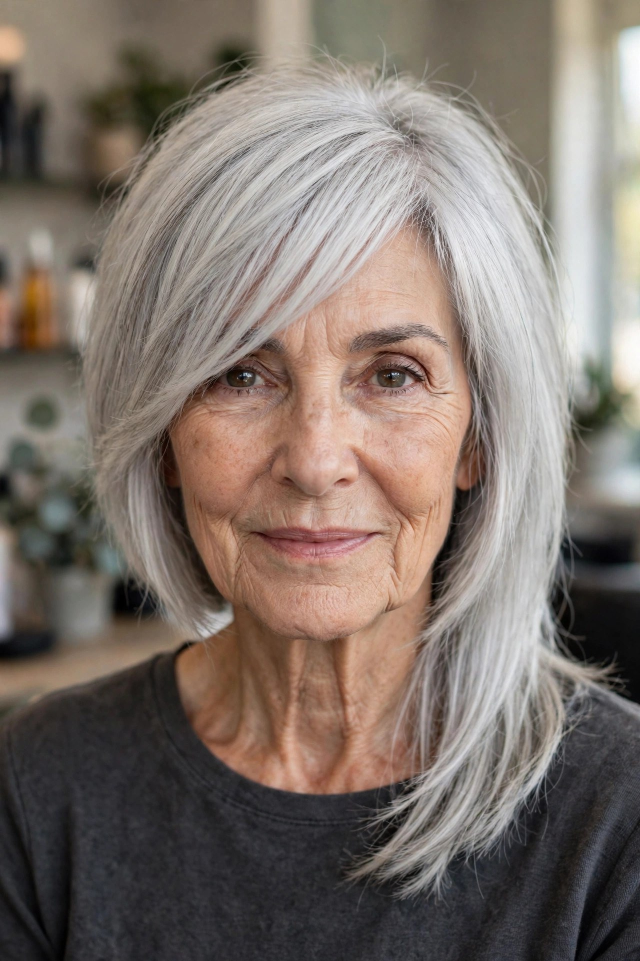 Asymmetrical Bob With a Diagonal Fringe on a woman over 50 with a heart-shaped face and wide forehead