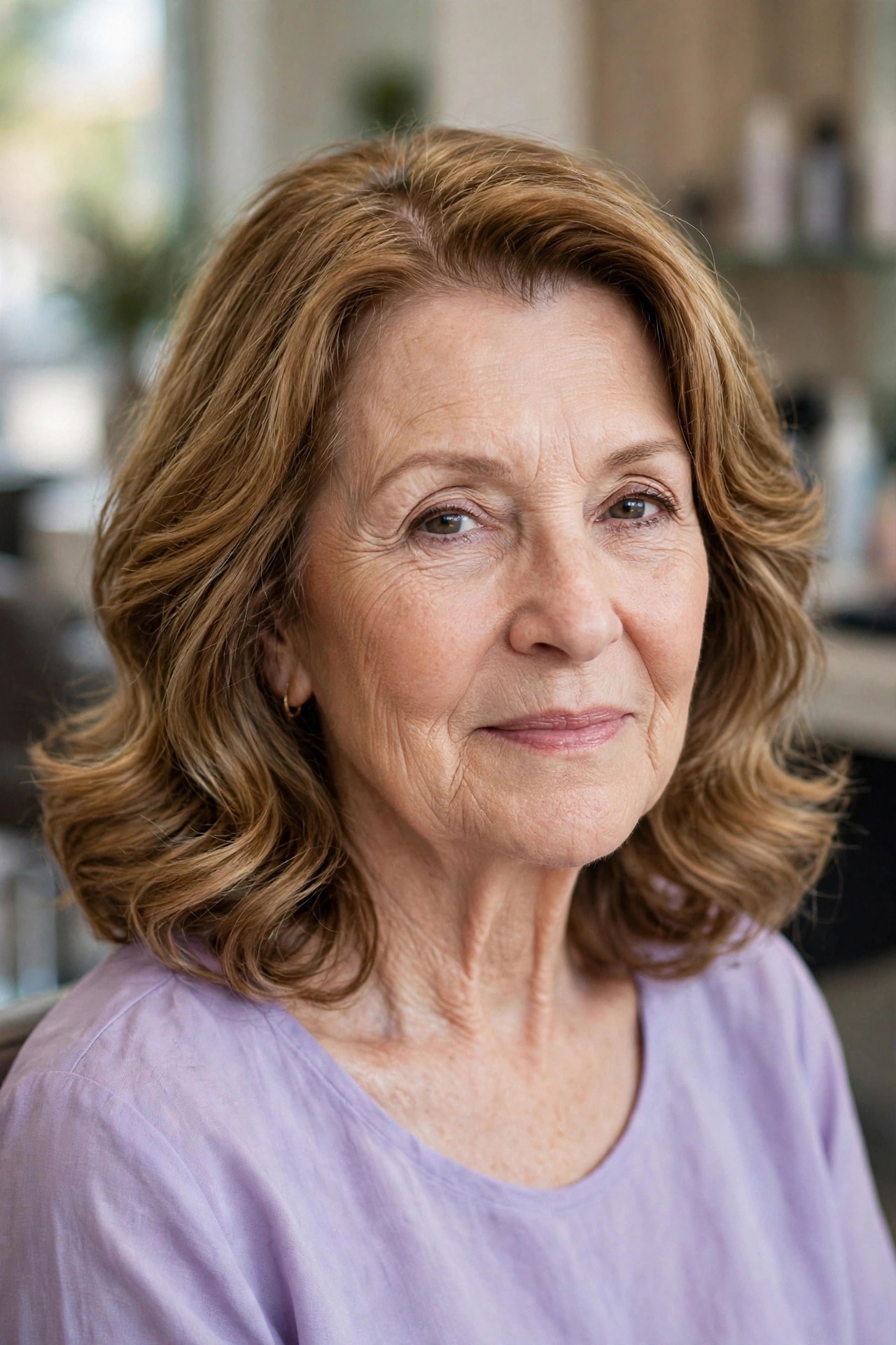 Shoulder-Length Waves With an Off-Centre Part on a woman over 50 with a heart-shaped face and wide forehead