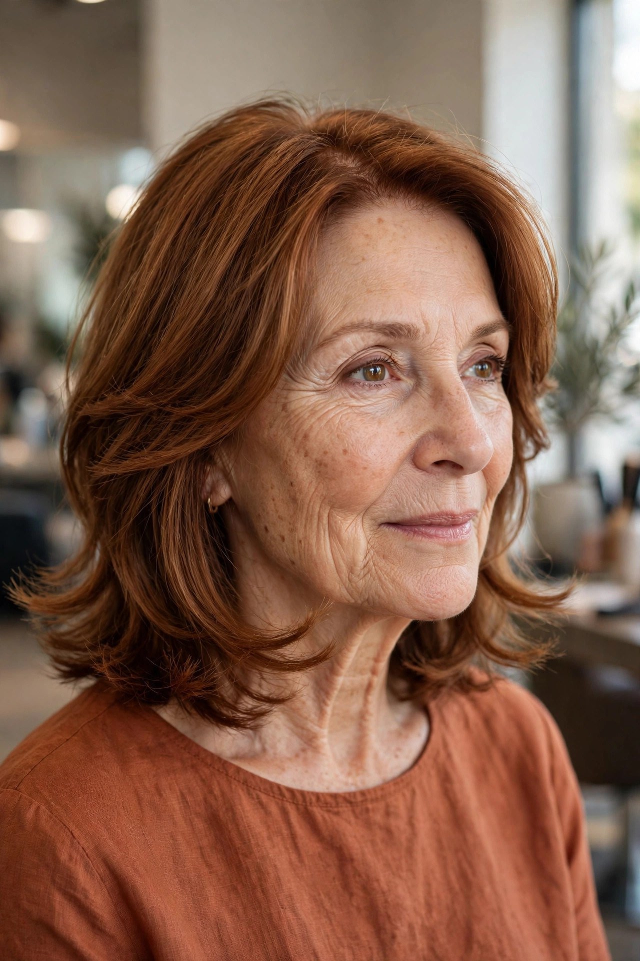 Layered Midi With Flicked-Out Jaw-Level Ends on a woman over 50 with a heart-shaped face and wide forehead