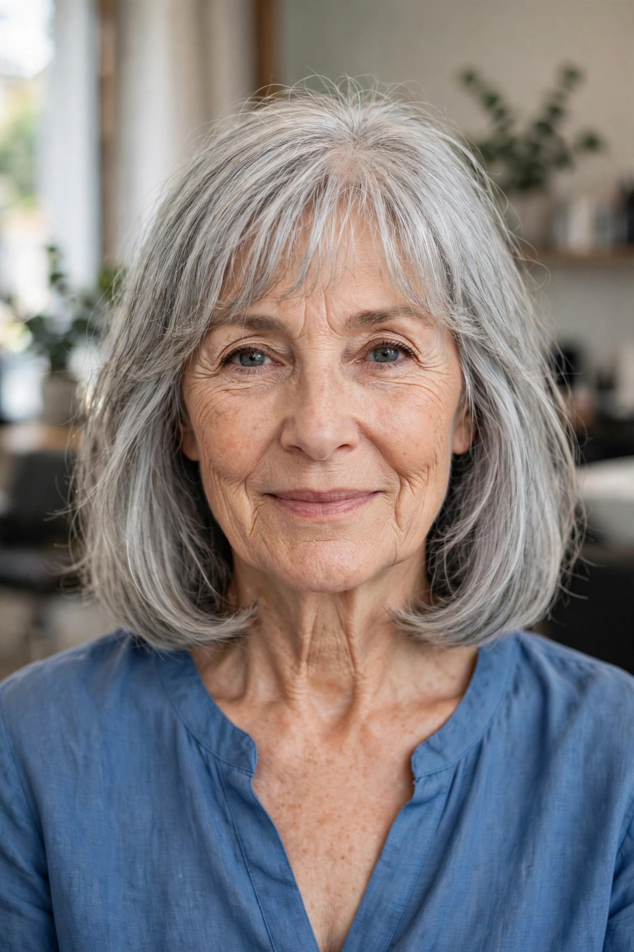 Silver Lob With Wispy Bangs on a woman over 50 with a heart-shaped face and wide forehead