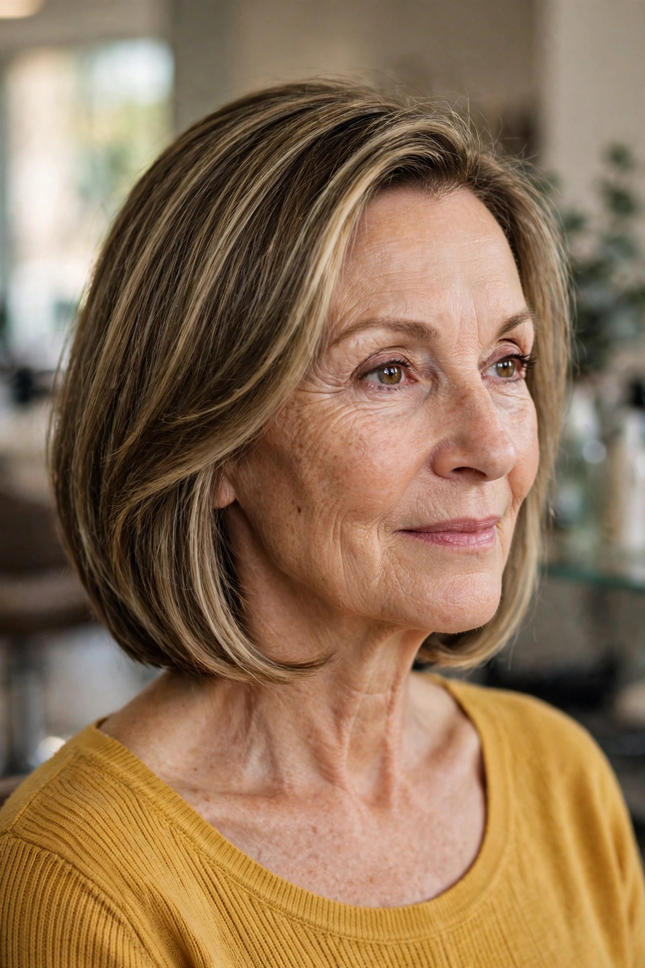 Soft A-Line Bob Curved Under at the Chin on a woman over 50 with a heart-shaped face and wide forehead