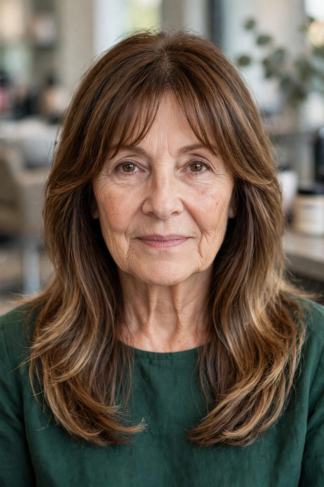 Long Layers With Curtain Bangs and Lighter Ends on a woman over 50 with a heart-shaped face and wide forehead