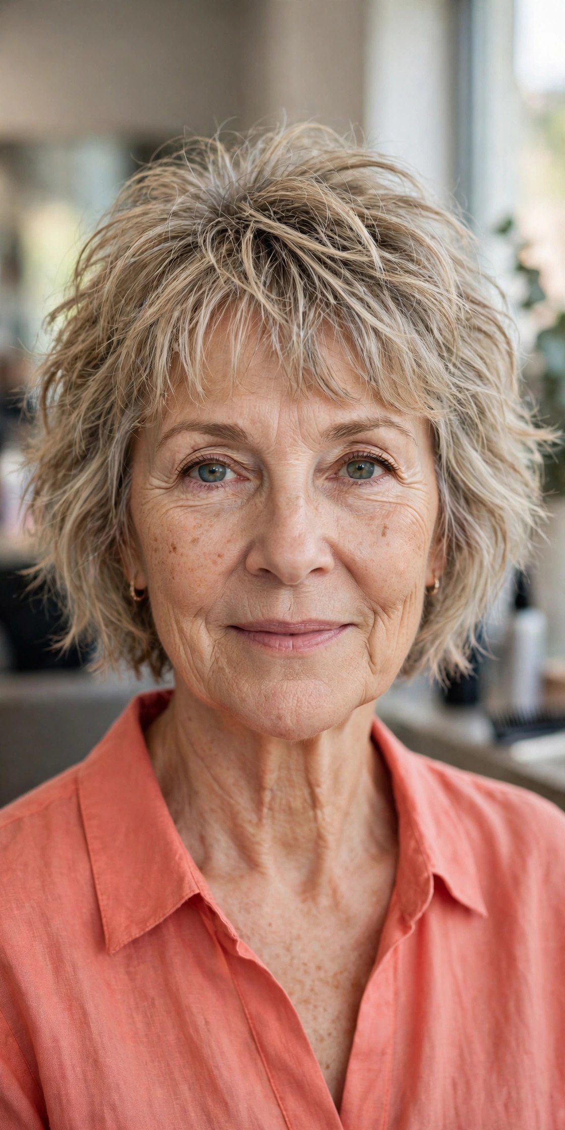 Tousled Textured Crop-Bob With a Piecey Fringe on a woman over 50 with a heart-shaped face and wide forehead