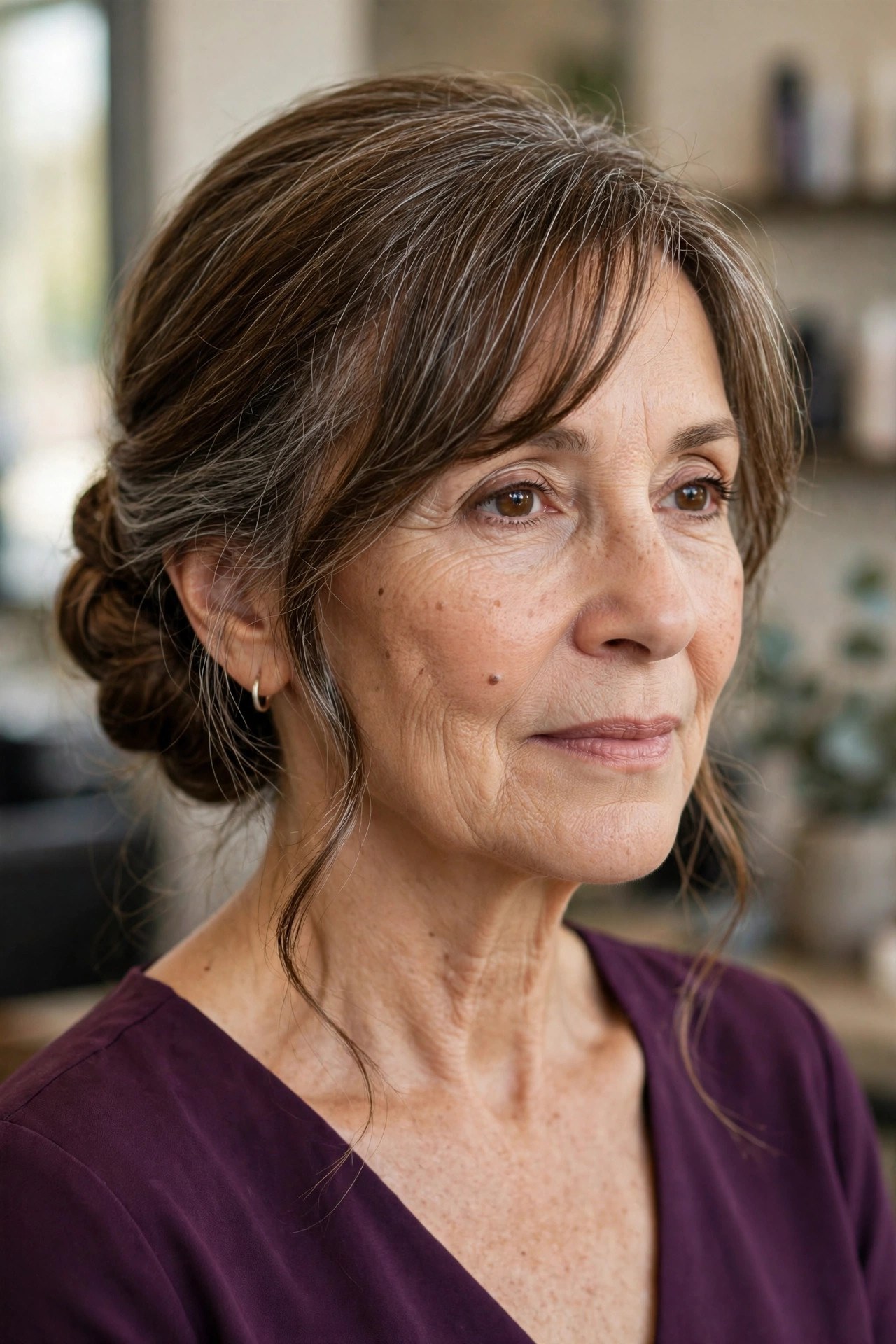 Low Side Chignon With a Soft Sweeping Fringe on a woman over 50 with a heart-shaped face and wide forehead