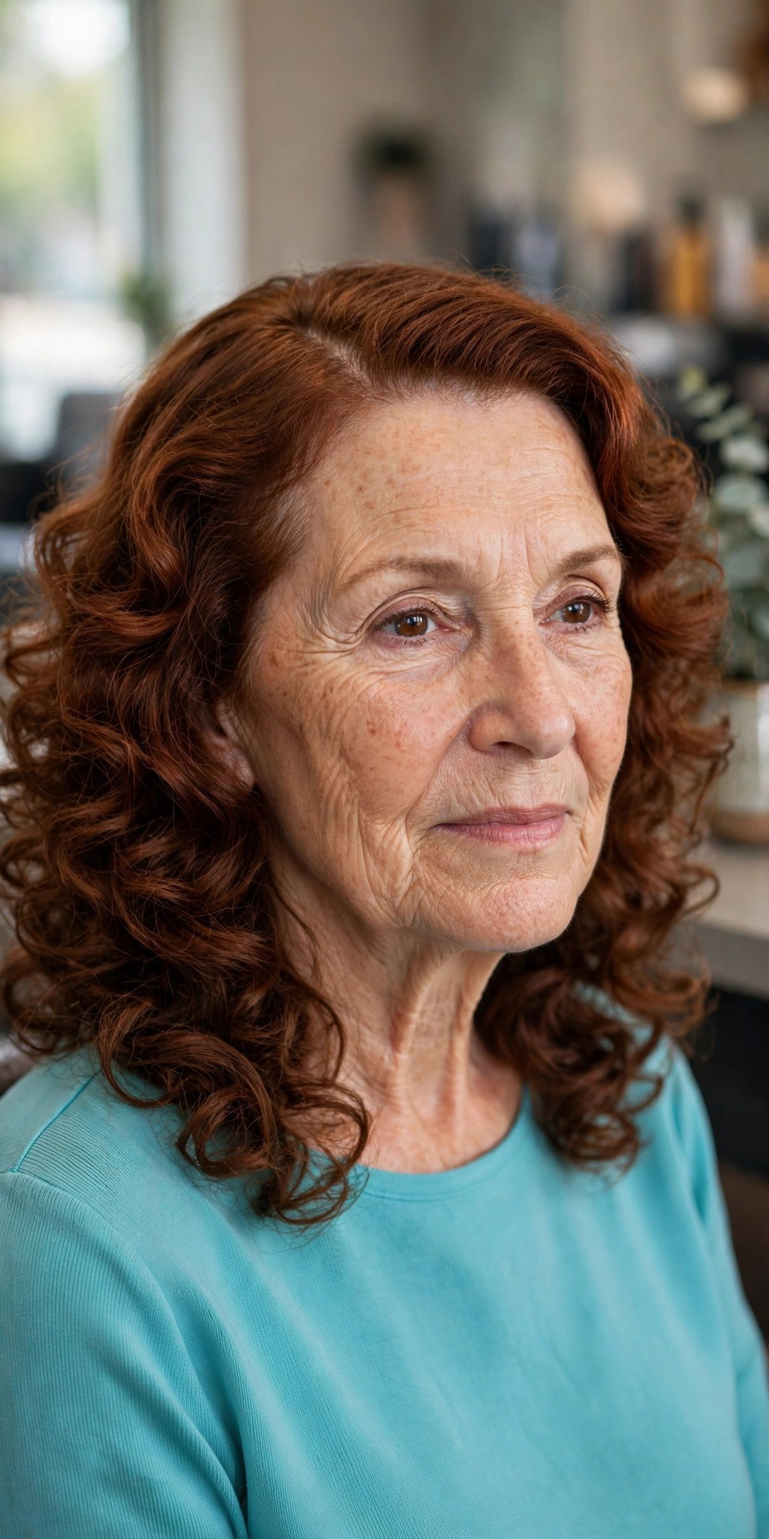 Voluminous Curls Widest at the Jawline on a woman over 50 with a heart-shaped face and wide forehead