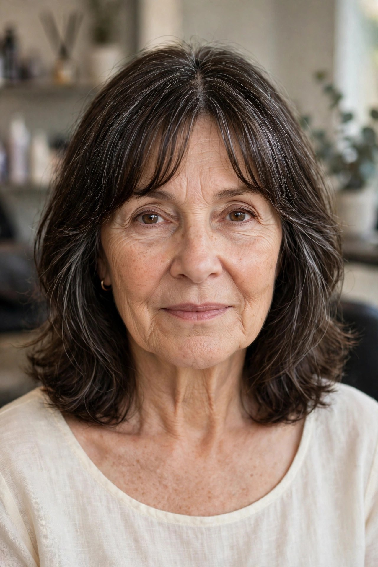 Curtain Bangs Lob That Splits the Forehead Gently on a woman over 50 with a heart-shaped face and wide forehead