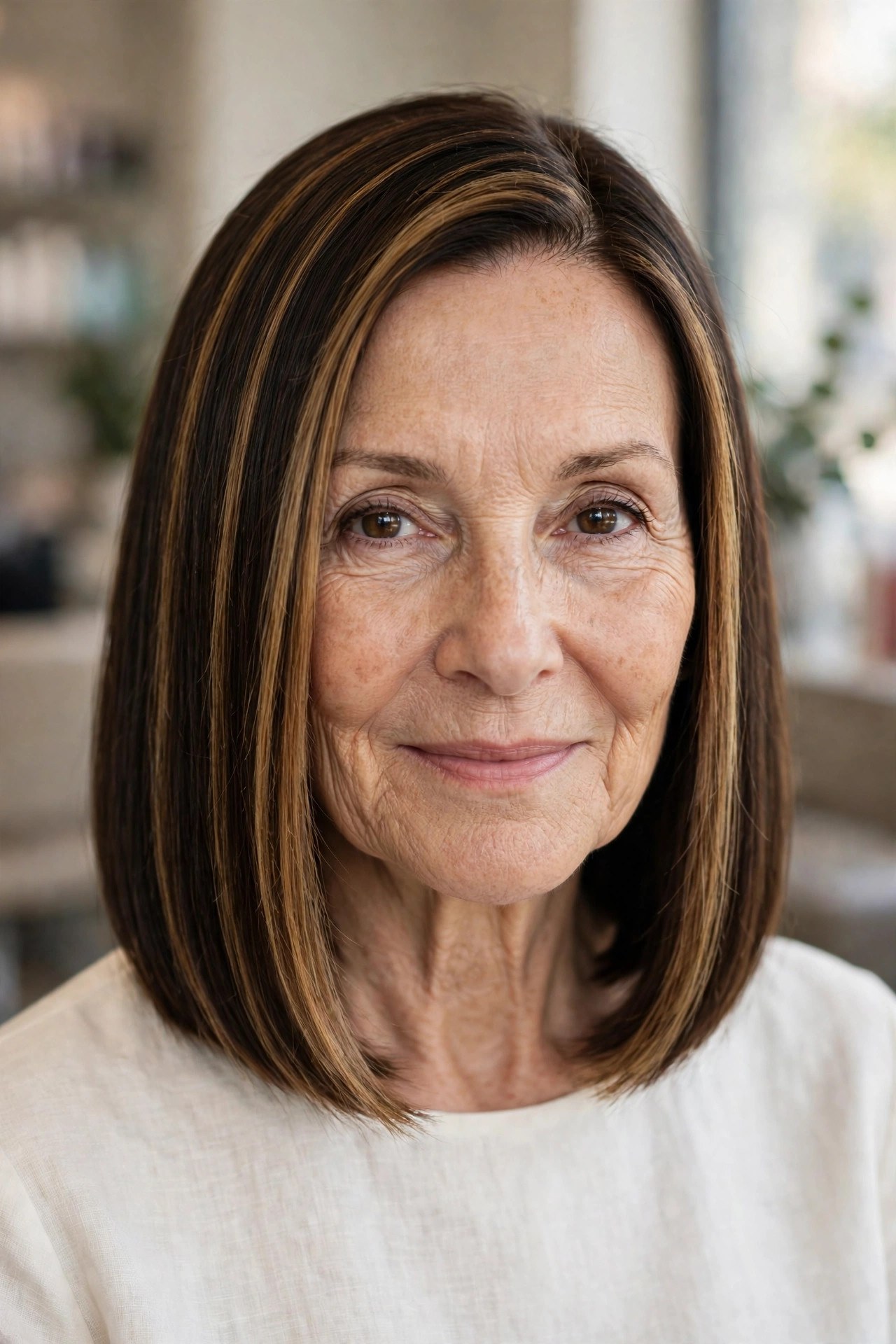 Sleek Lob With Face-Framing Highlights on a woman over 50 with a heart-shaped face and wide forehead