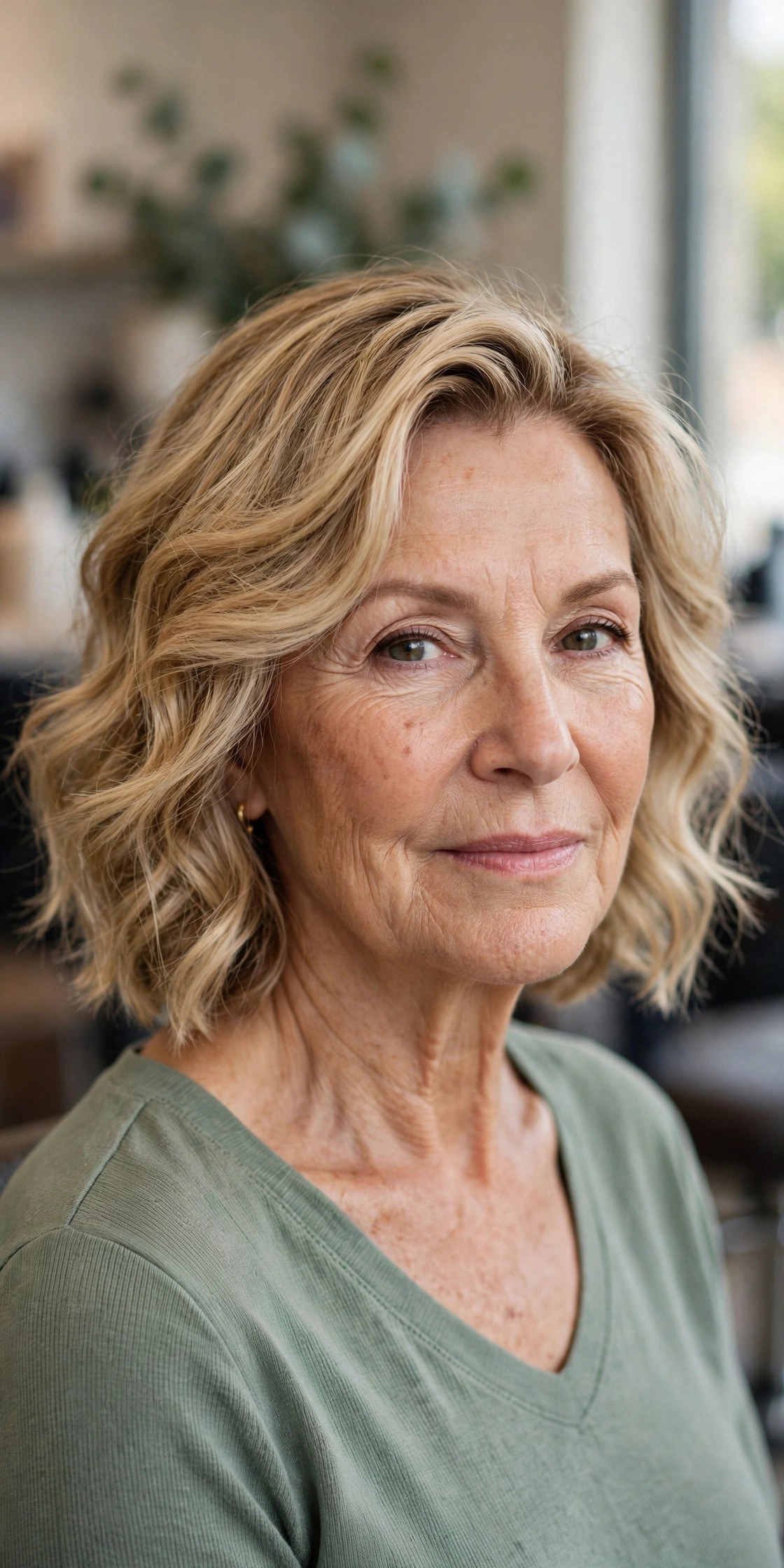 Deep Side Part Wavy Lob on a woman over 50 with a heart-shaped face and wide forehead