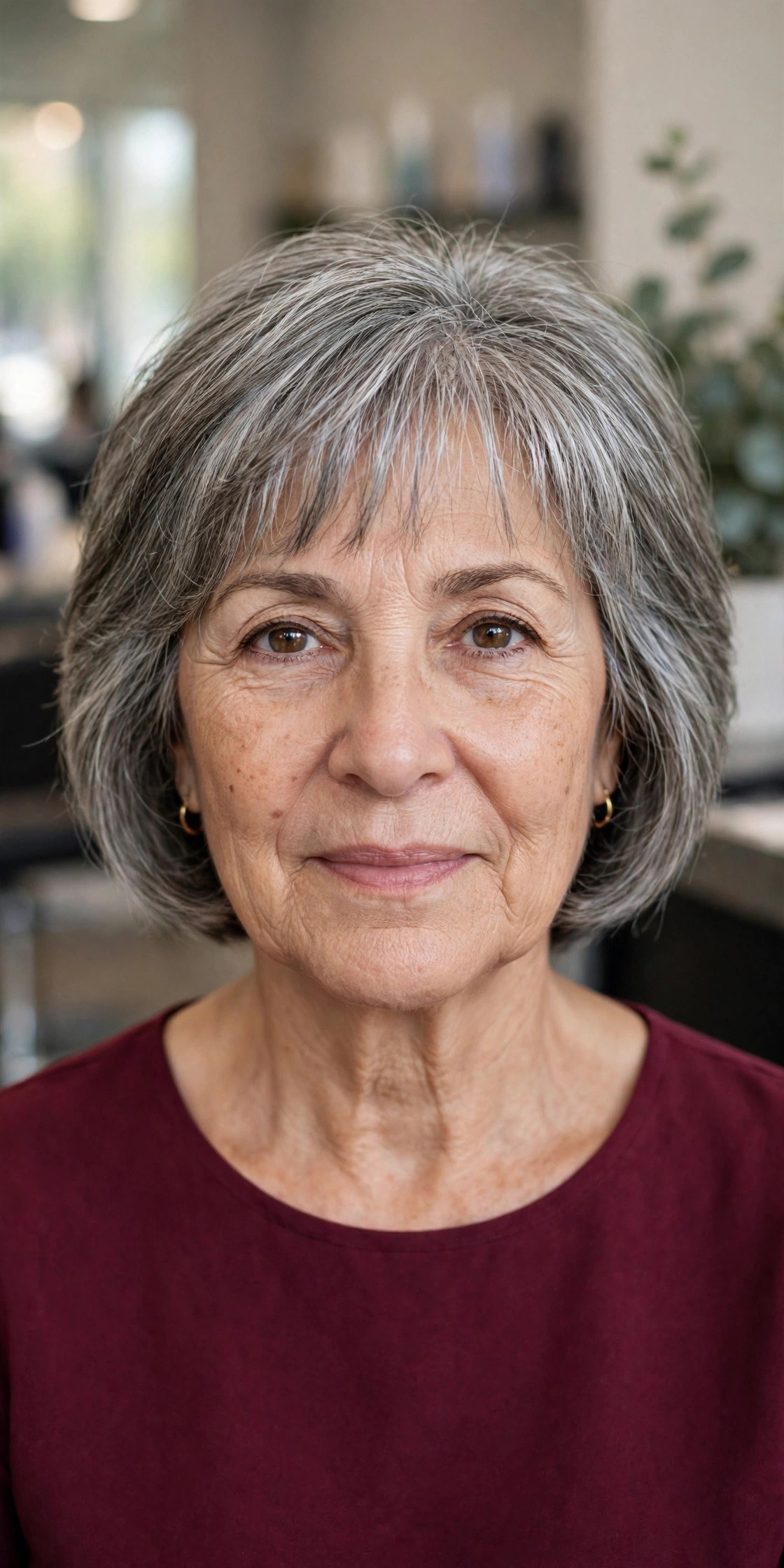 Wispy Brow-Grazing Fringe With a Layered Bob on a woman over 50 with a heart-shaped face and wide forehead