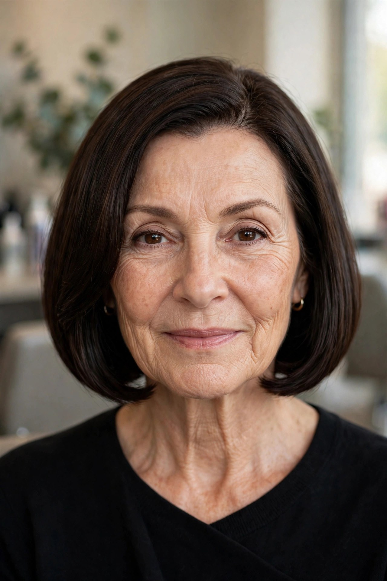 Chin-Length Blunt Bob With a Side Part on a woman over 50 with a heart-shaped face and wide forehead