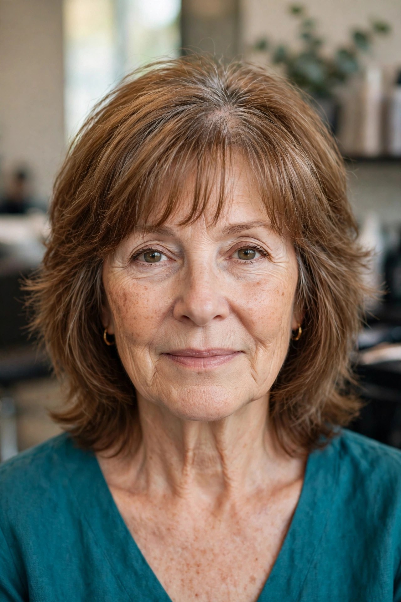 Feathered Shag With a Soft Curtain Fringe on a woman over 50 with a heart-shaped face and wide forehead