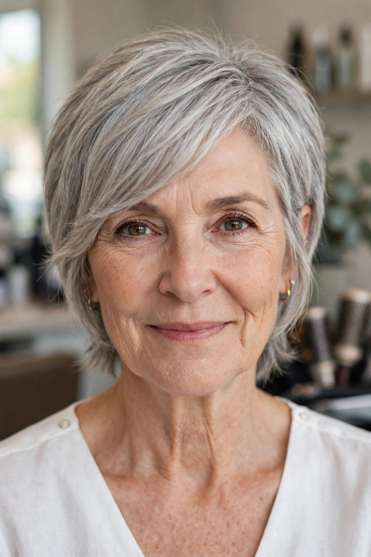 Long Pixie With a Long Side Fringe and Soft Ears on a woman over 50 with a heart-shaped face and wide forehead