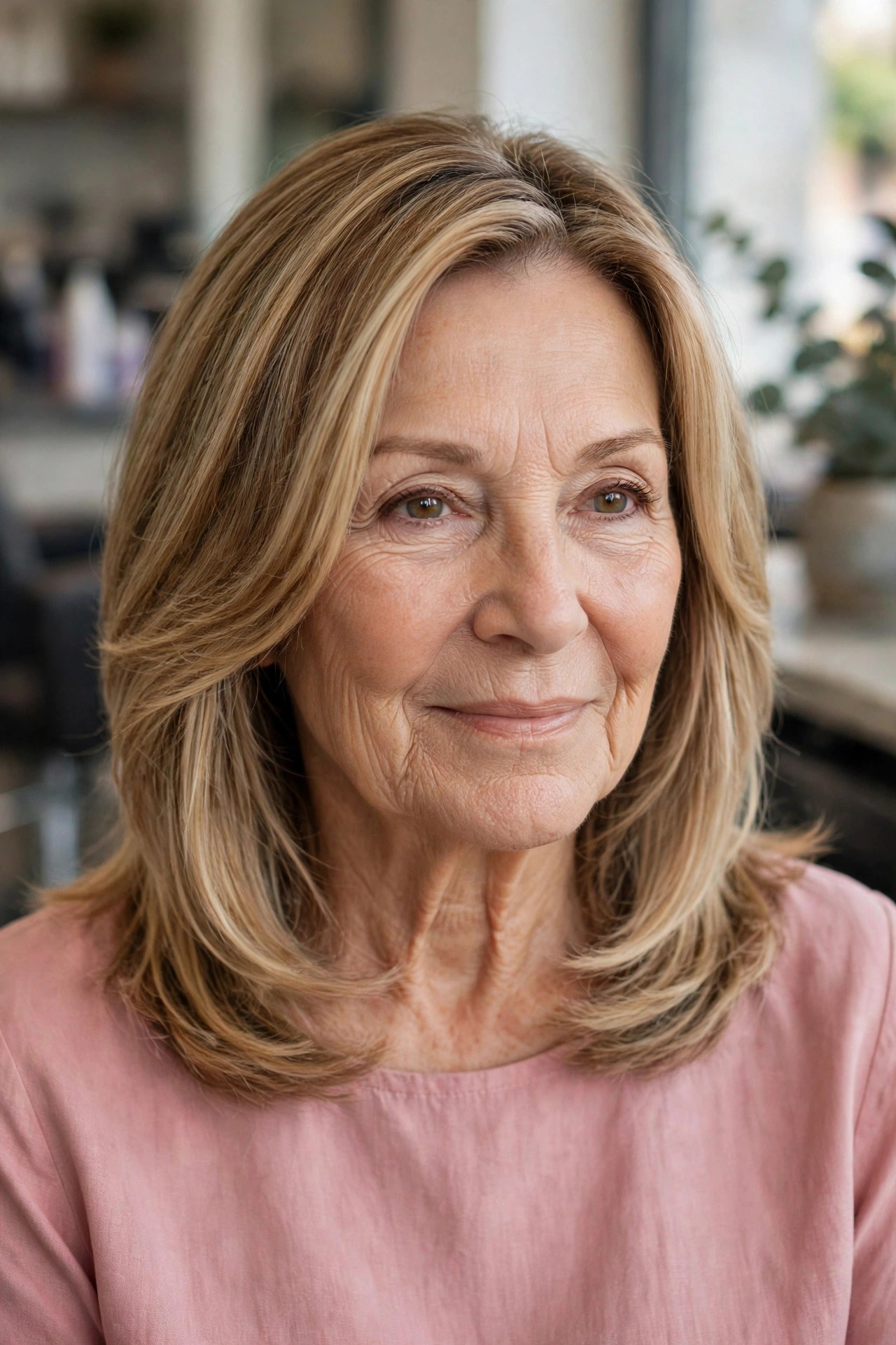 Face-Framing Layers That Start at the Chin on a woman over 50 with a heart-shaped face and wide forehead