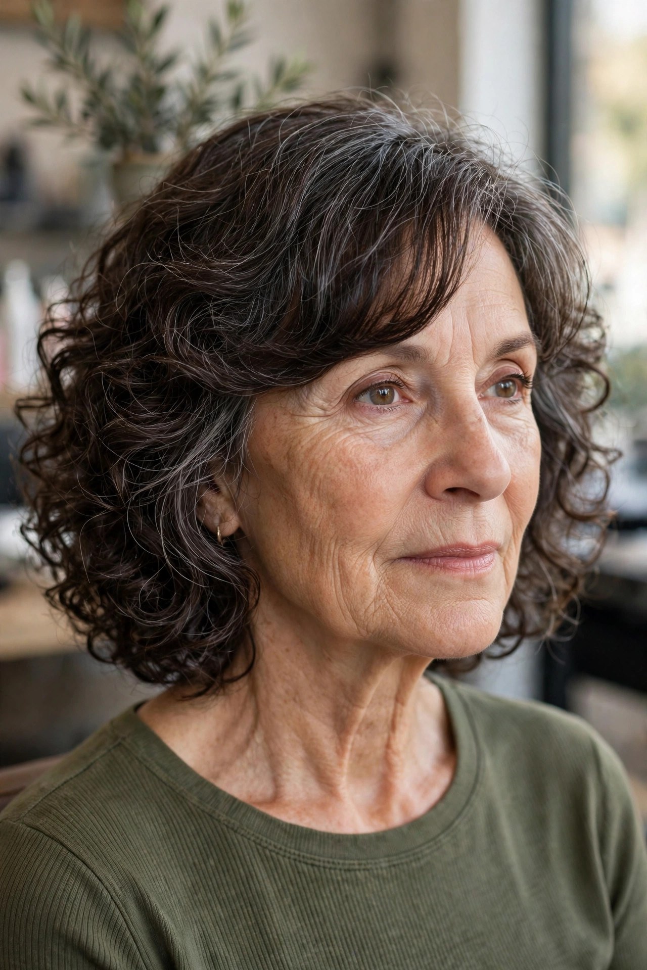 Curly Bob With a Side-Swept Fringe on a woman over 50 with a heart-shaped face and wide forehead