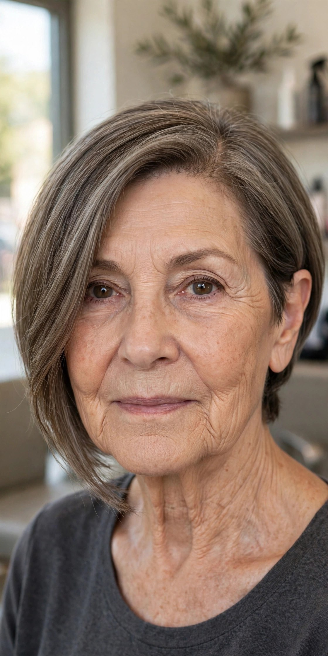 Asymmetric Bob, Longer at the Front - hairstyle for oval faces over 60 that shows off cheekbones, woman over 60