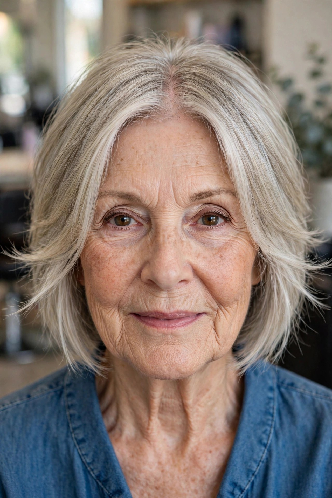 Curtain-Parted Soft Shag with Open Cheeks - hairstyle for oval faces over 60 that shows off cheekbones, woman over 60