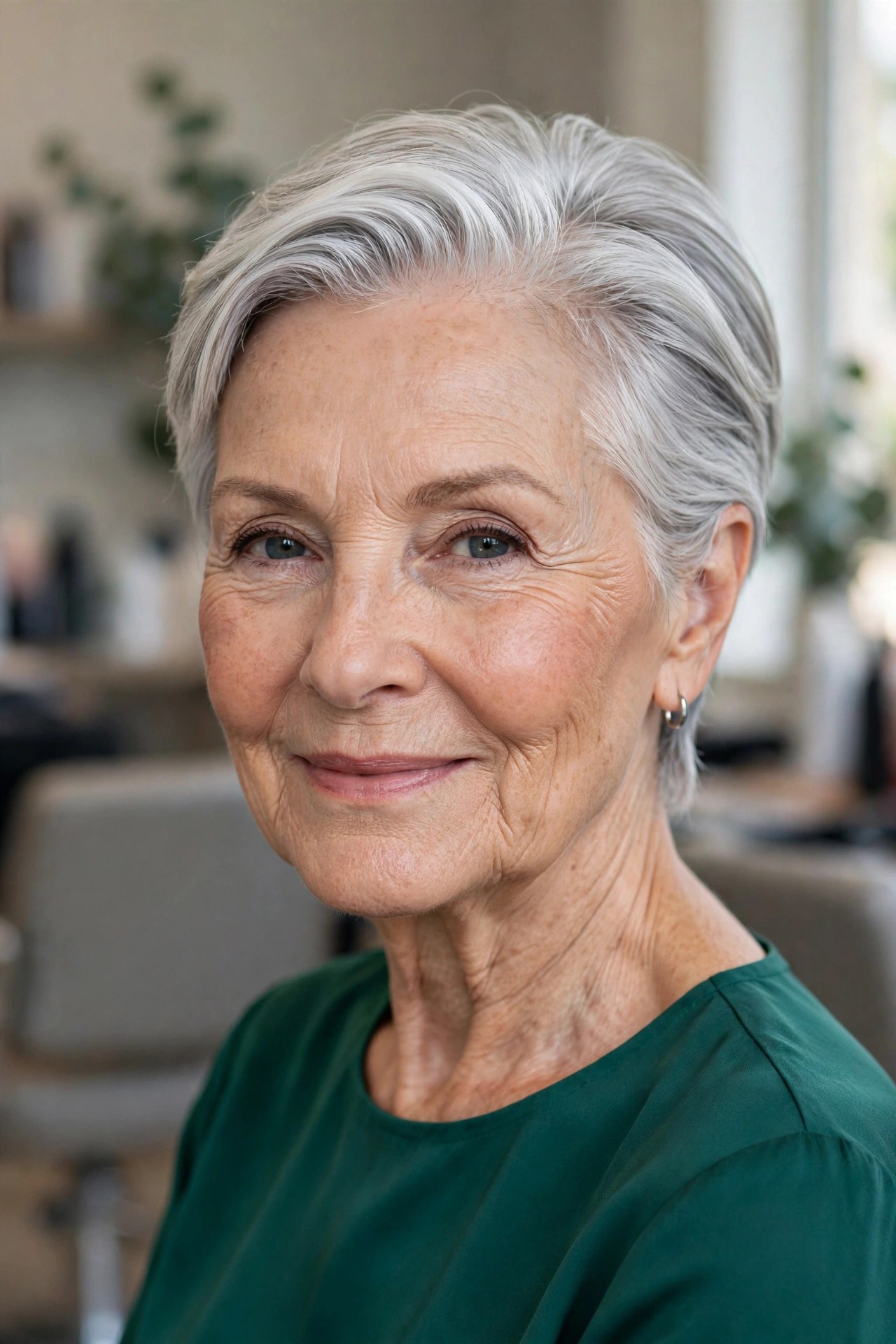 Silver Pixie-Bob with a Side Sweep - hairstyle for oval faces over 60 that shows off cheekbones, woman over 60