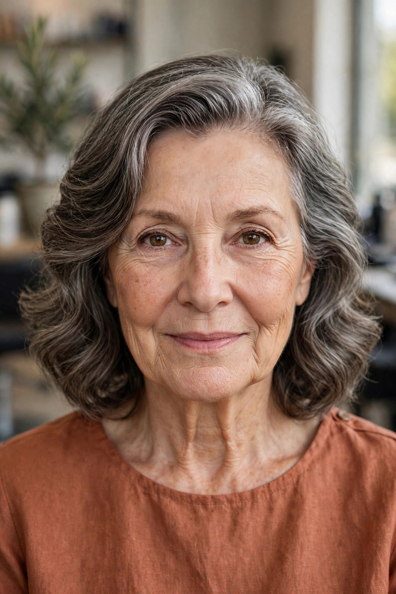 Shoulder-Length Waves with an Opening Side Part - hairstyle for oval faces over 60 that shows off cheekbones, woman over 60