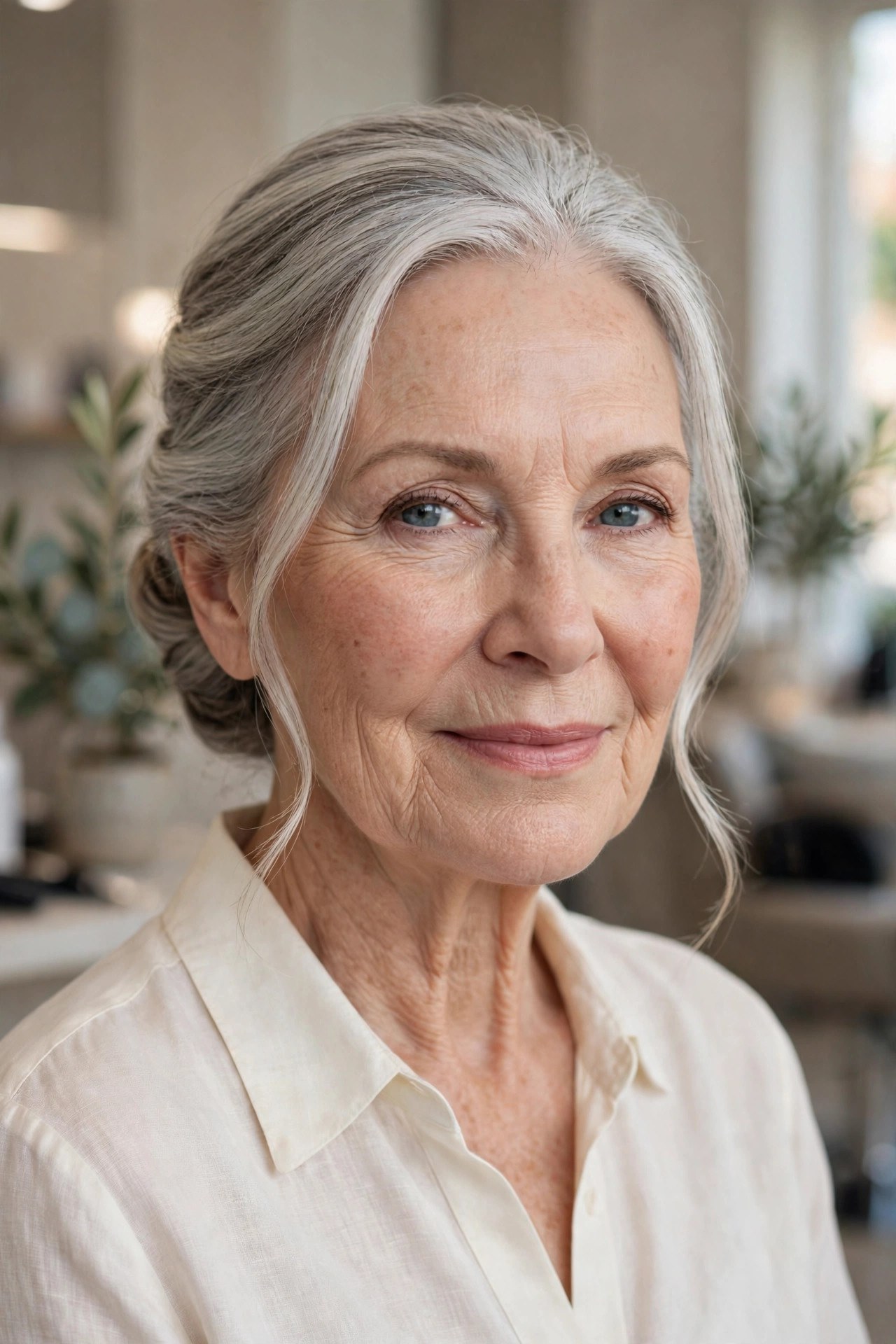 Low Chignon with Cheek-Level Face-Framing Strands - hairstyle for oval faces over 60 that shows off cheekbones, woman over 60