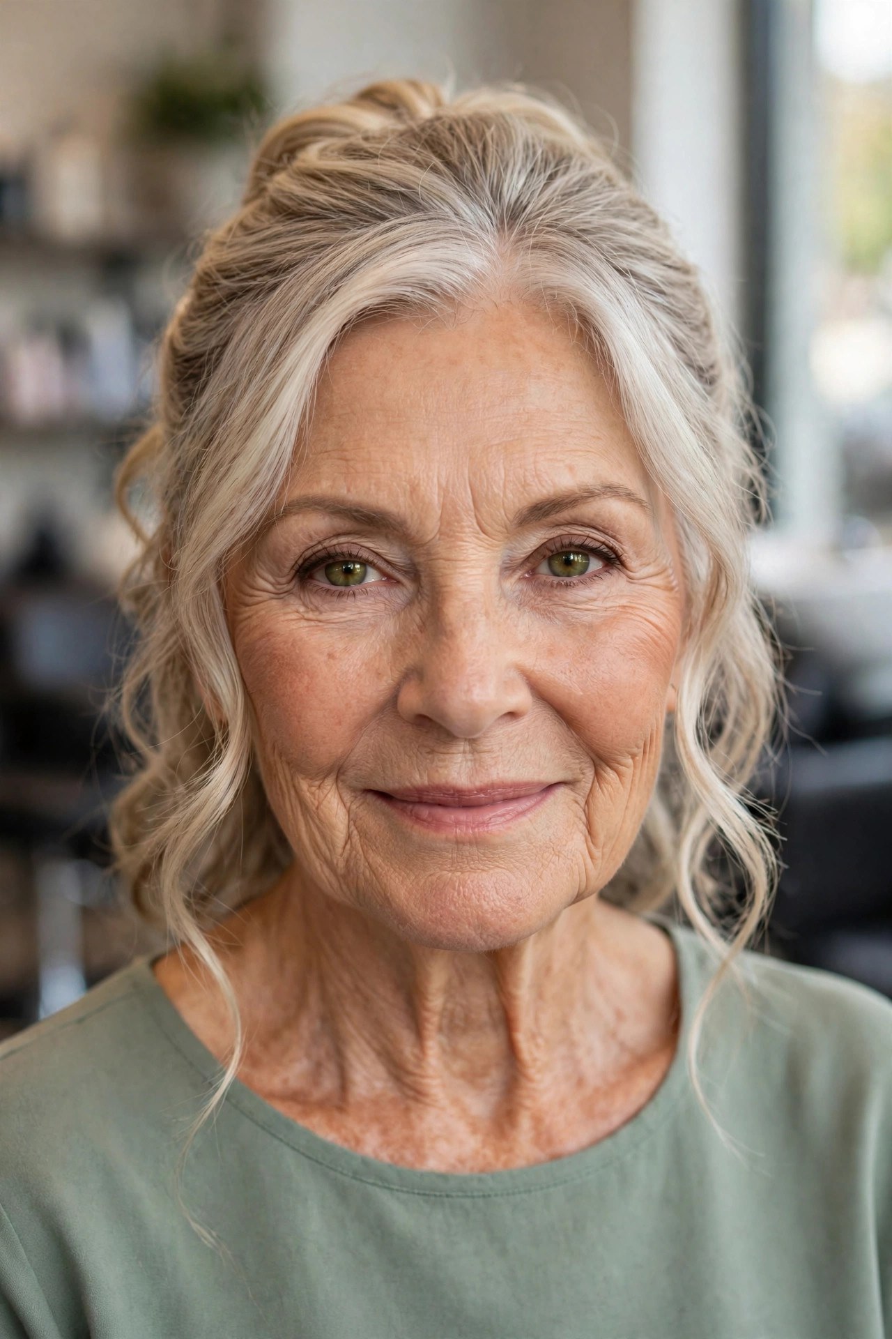 Half-Up Style with Cheekbone Strands - hairstyle for oval faces over 60 that shows off cheekbones, woman over 60