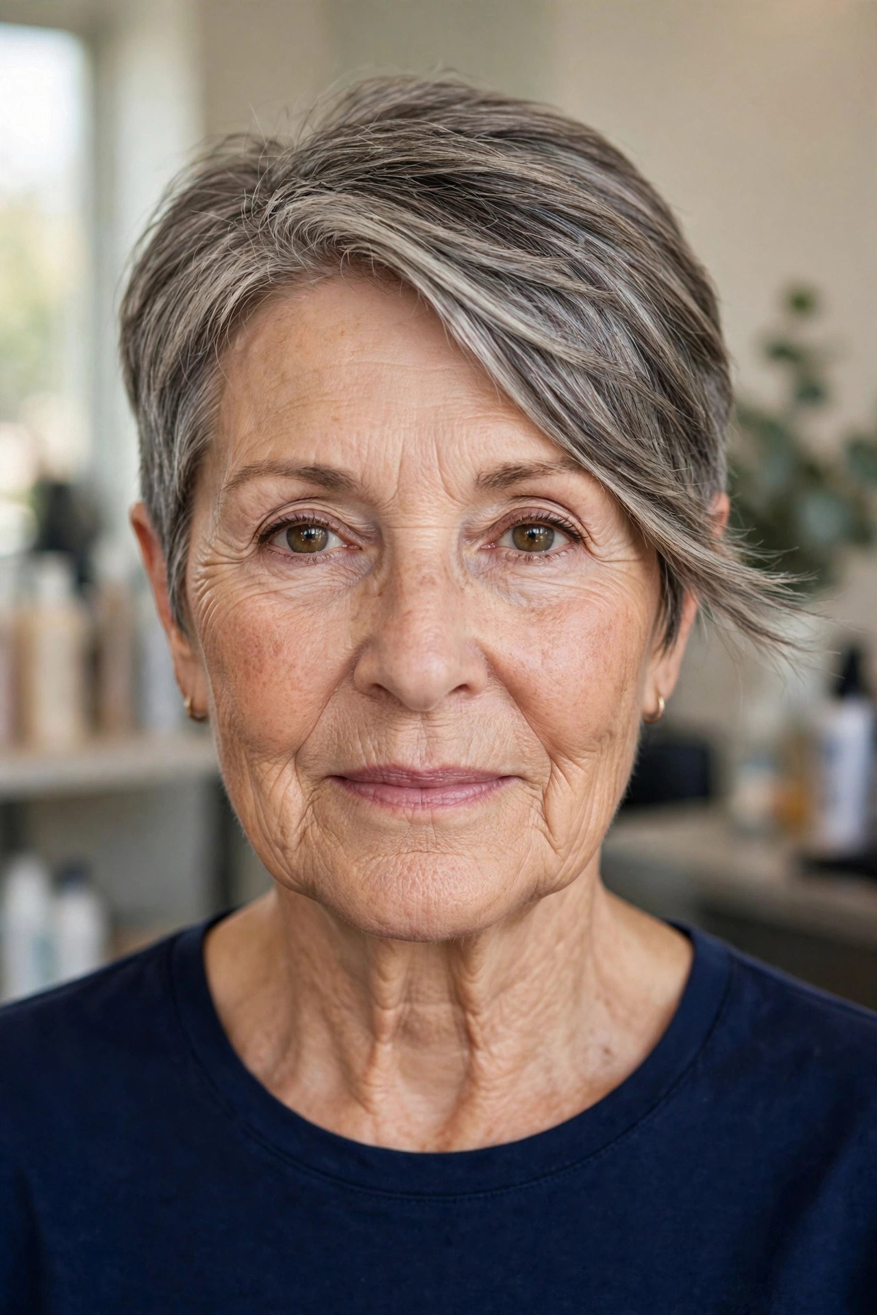 Side-Swept Pixie with Long Cheekbone Pieces - hairstyle for oval faces over 60 that shows off cheekbones, woman over 60