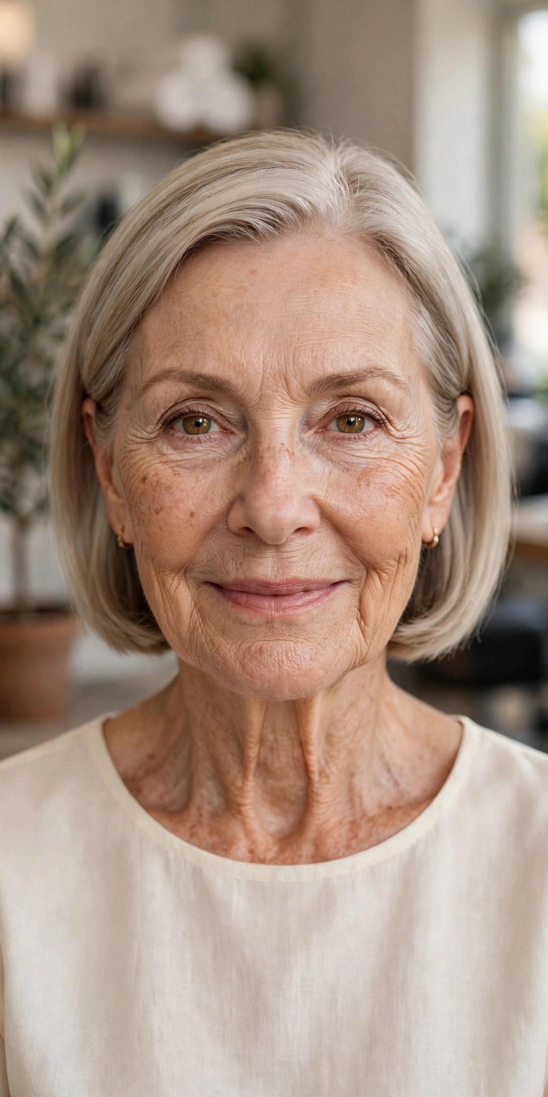 Chin-Length Bob Worn Tucked Behind the Ears - hairstyle for oval faces over 60 that shows off cheekbones, woman over 60