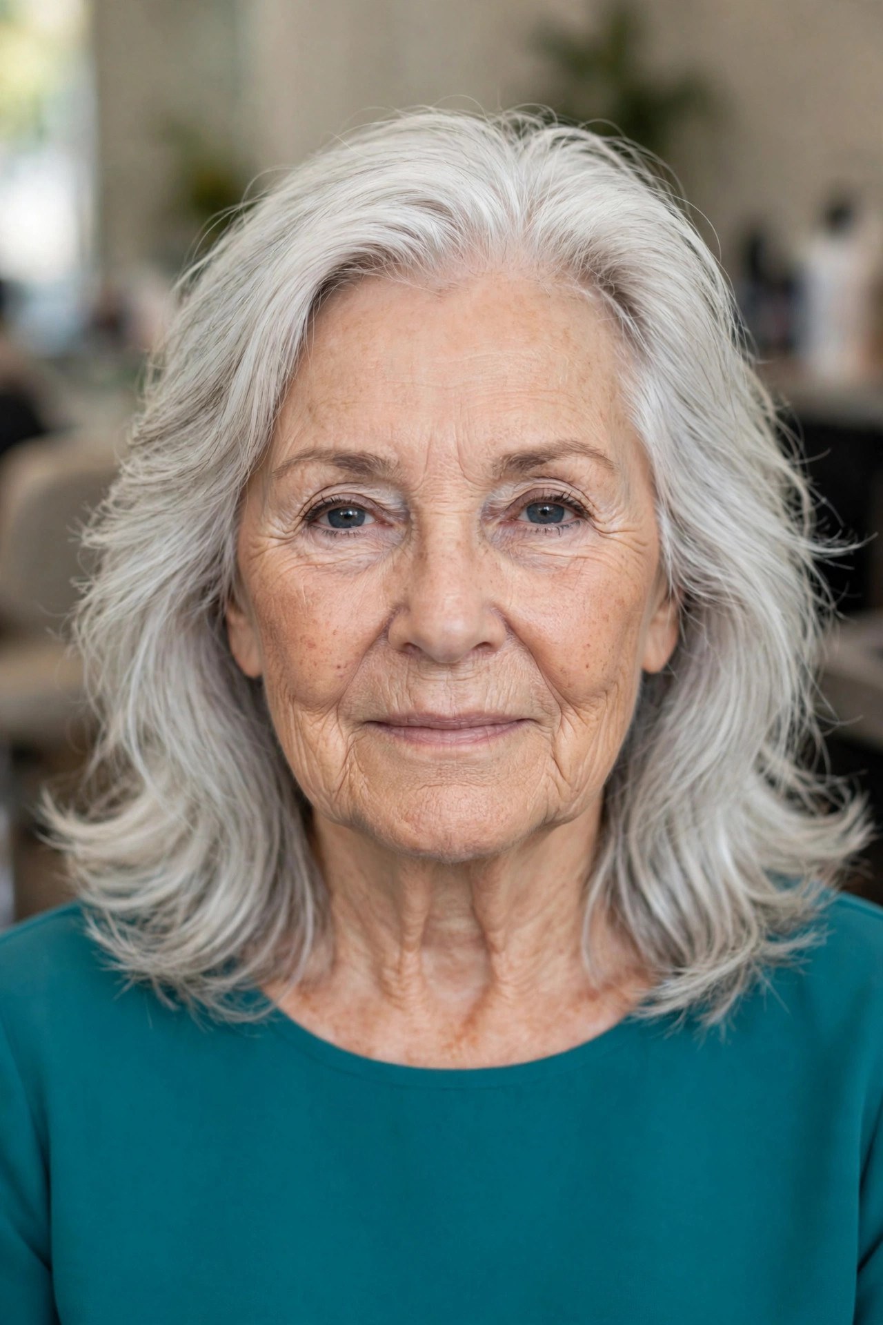 Feathered Shoulder-Length Layers Sweeping Back - hairstyle for oval faces over 60 that shows off cheekbones, woman over 60
