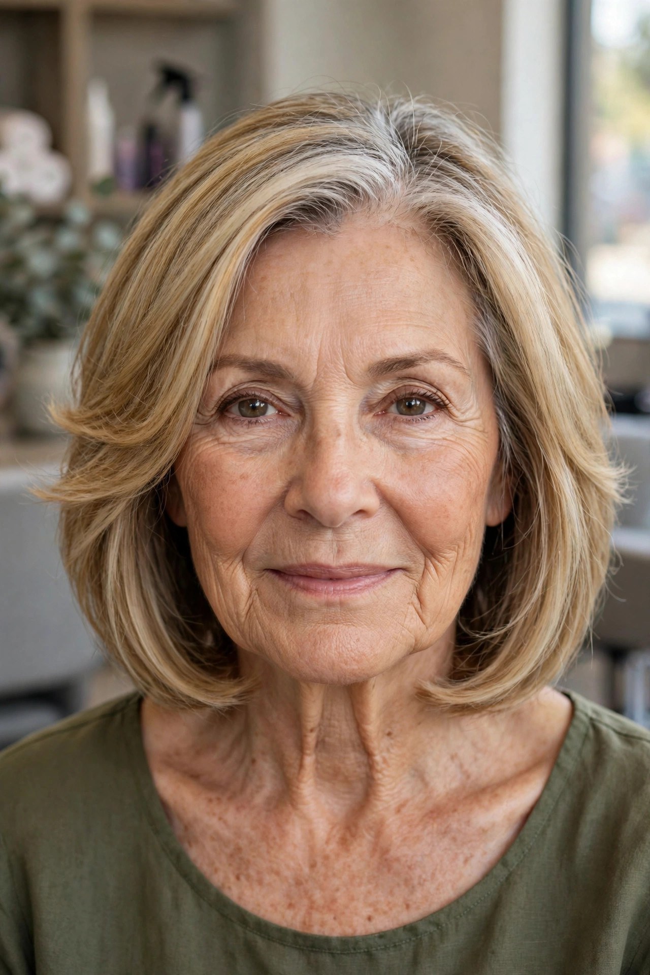 Layered Lob with Face-Framing Pieces at Cheek Level - hairstyle for oval faces over 60 that shows off cheekbones, woman over 60