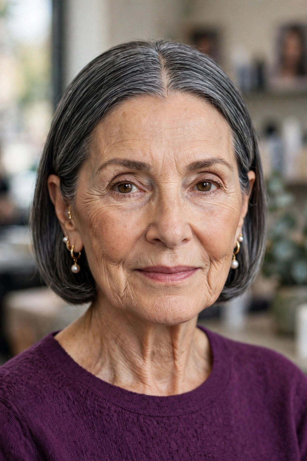 Sleek Tucked-Behind-the-Ear Bob - hairstyle for oval faces over 60 that shows off cheekbones, woman over 60