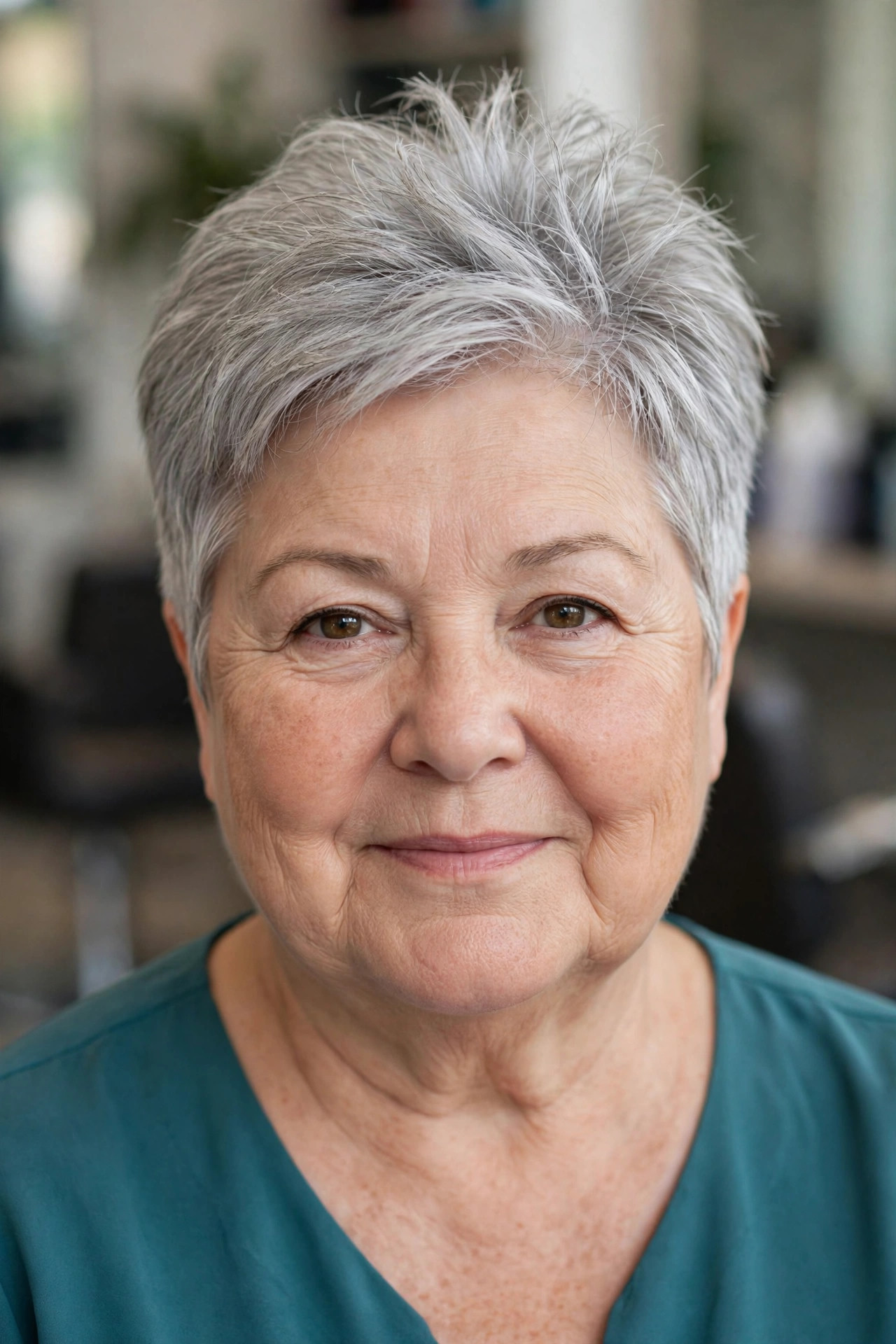 Pixie with Height at the Crown on a woman over 50 with a round face - slimming hairstyle
