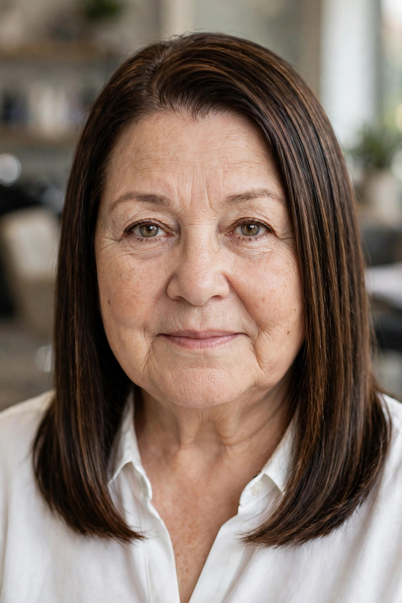 Sleek Straight Mid-Length Cut on a woman over 50 with a round face - slimming hairstyle