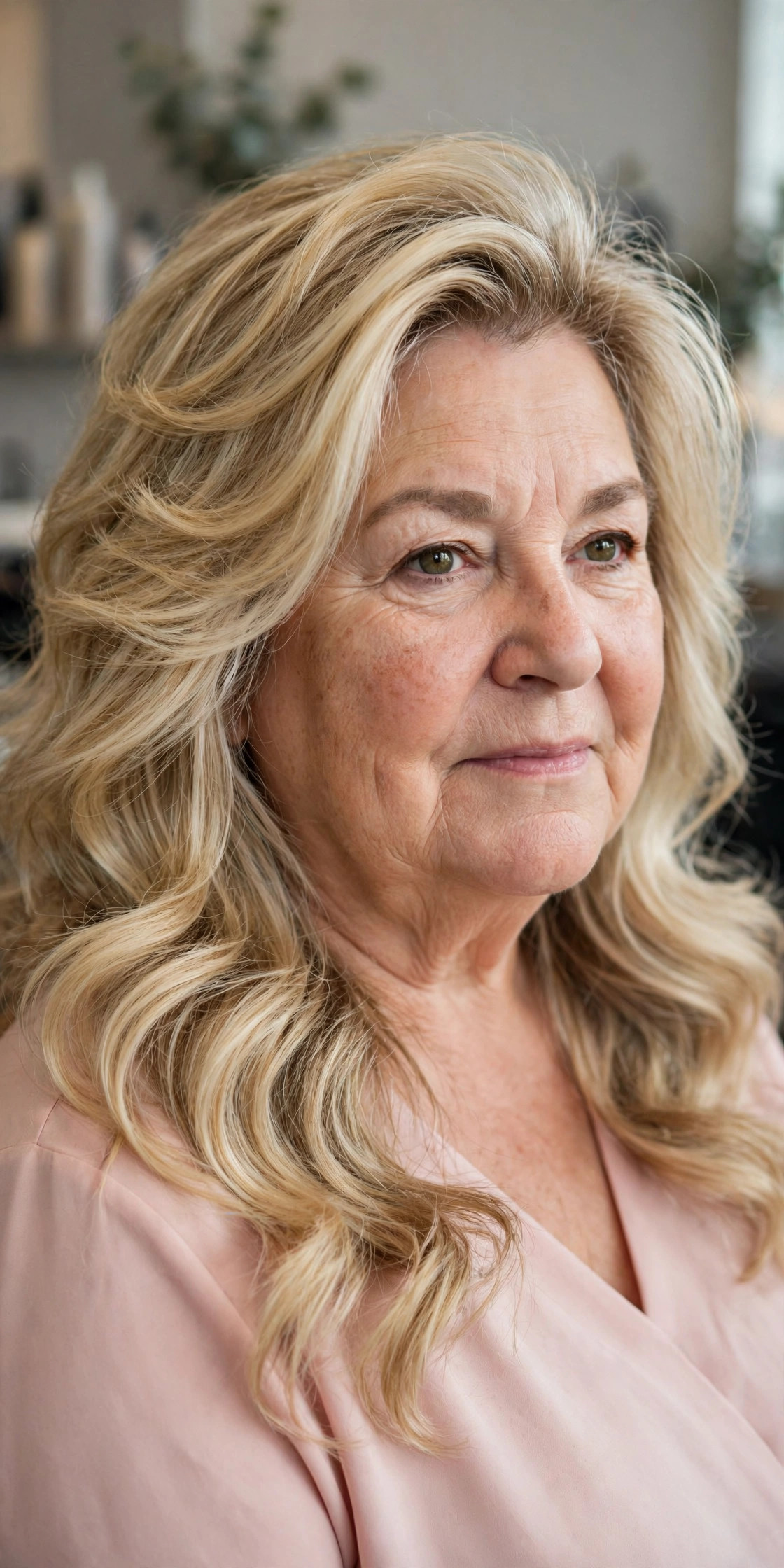 Long Layered Waves with Crown Height on a woman over 50 with a round face - slimming hairstyle