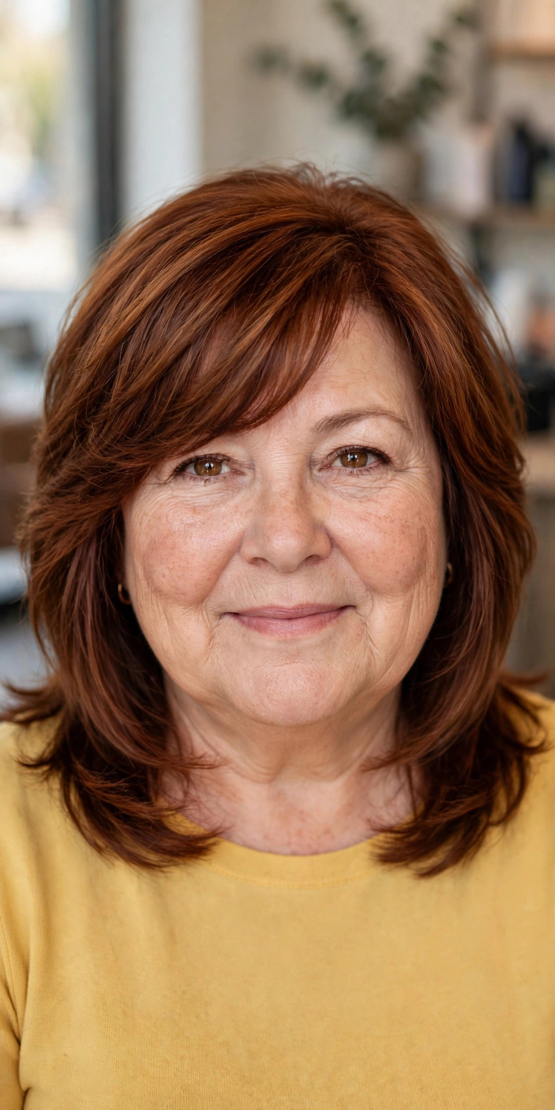 Side-Swept Bangs with Medium Layers on a woman over 50 with a round face - slimming hairstyle