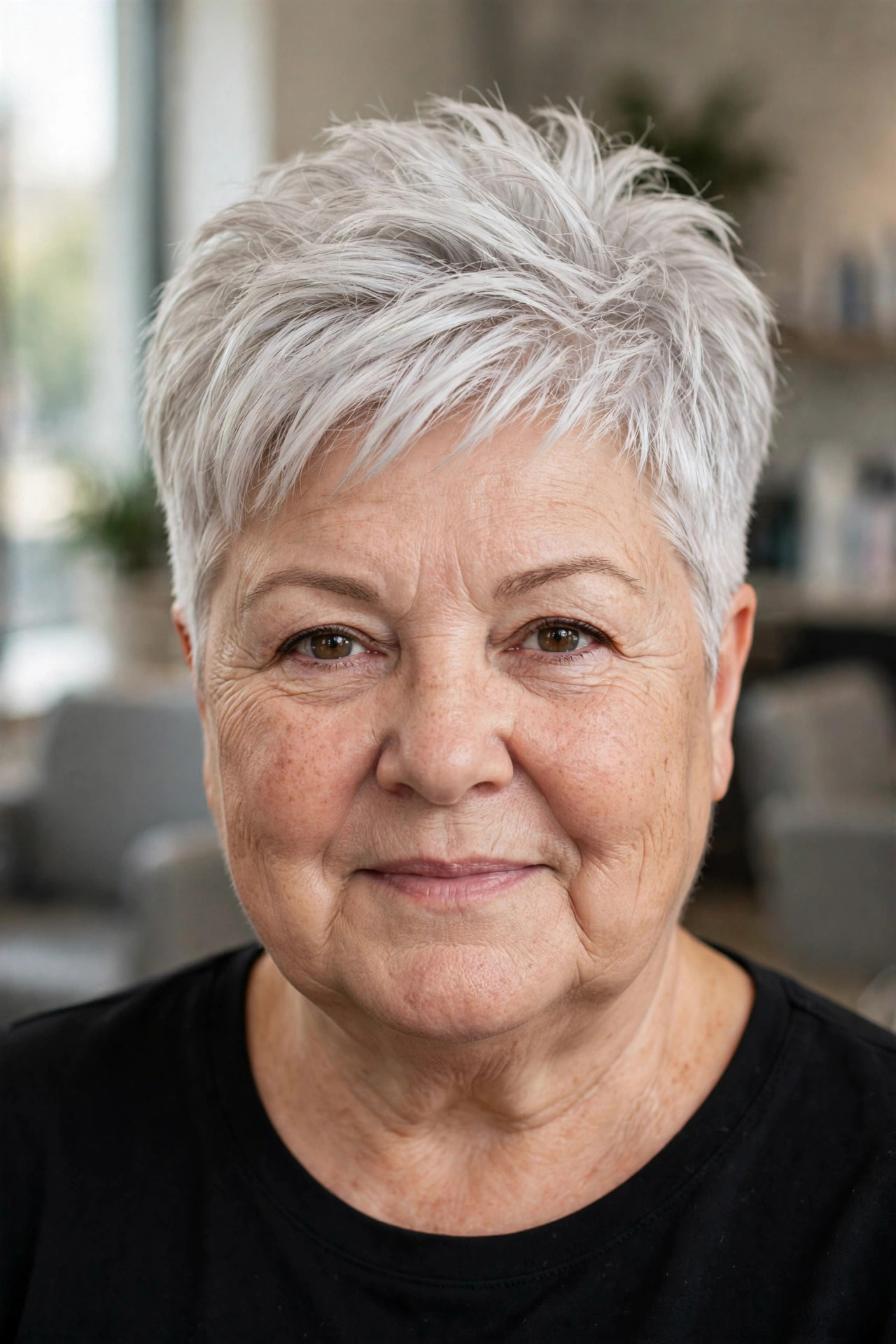 Tapered Pixie with a Long Top on a woman over 50 with a round face - slimming hairstyle