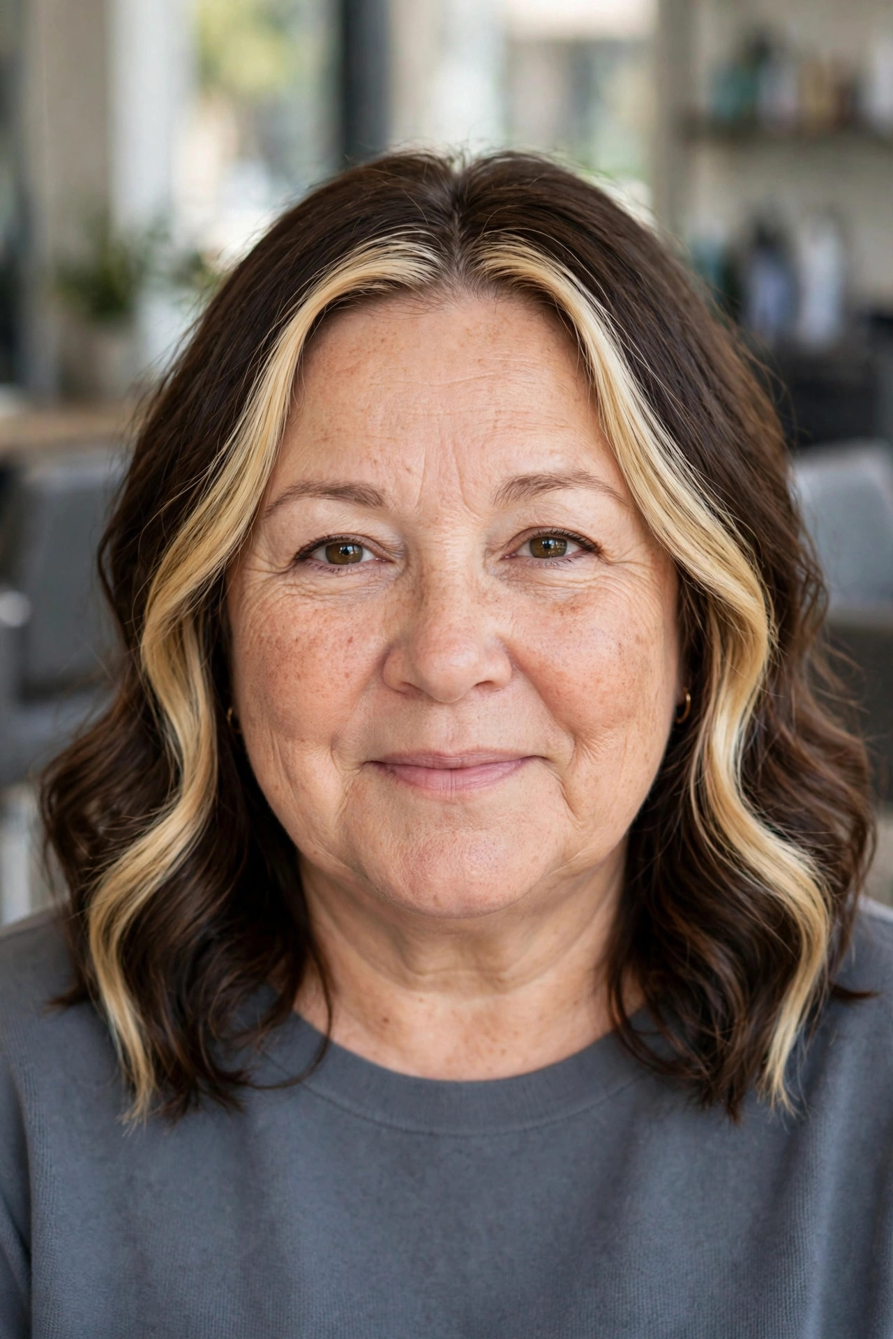 Face-Framing Money-Piece Highlights on a woman over 50 with a round face - slimming hairstyle
