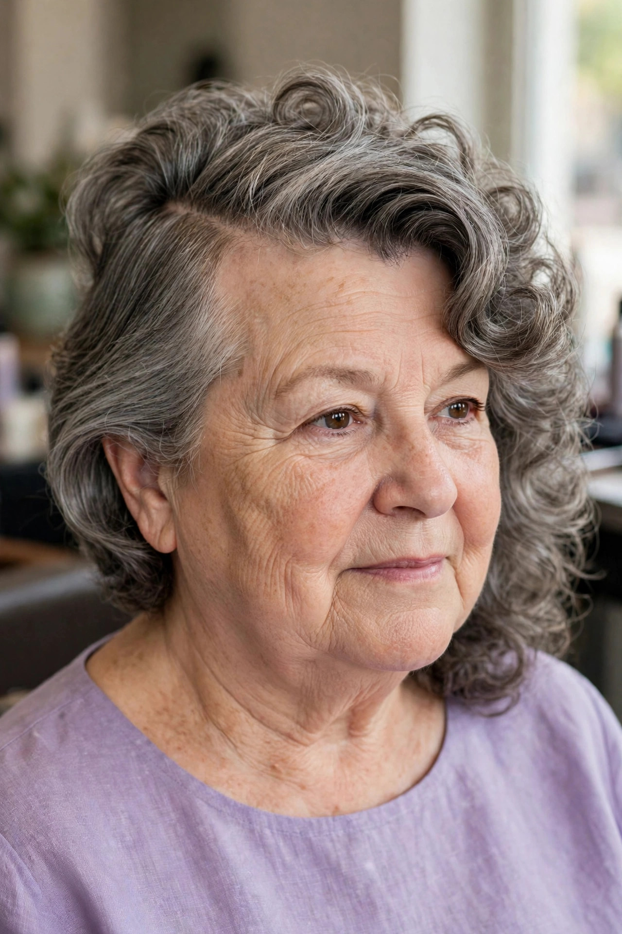 Soft Curls with a Deep Side Part on a woman over 50 with a round face - slimming hairstyle