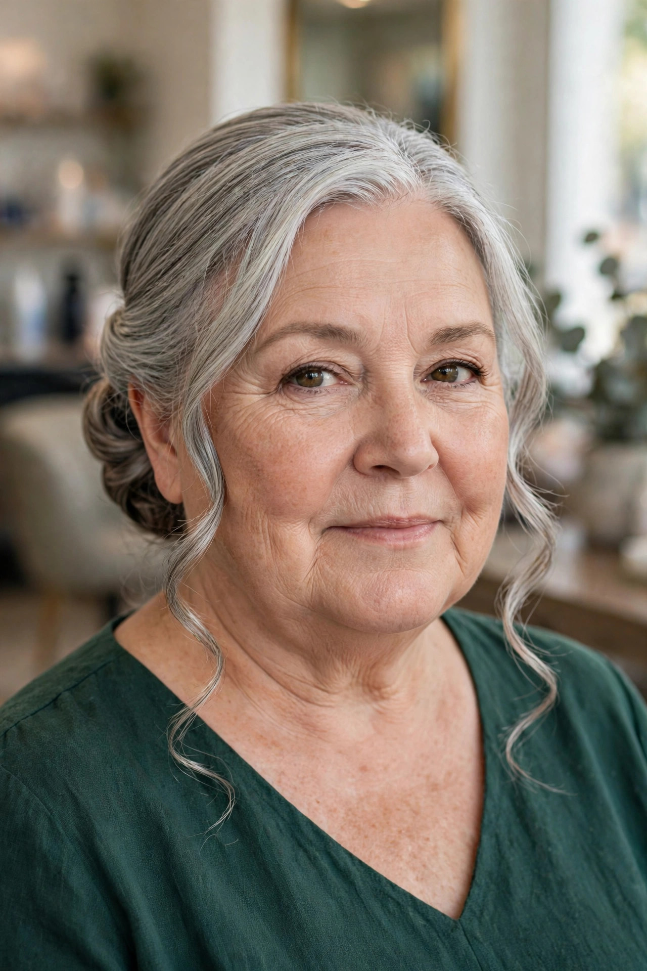 Low Chignon with Face-Framing Tendrils on a woman over 50 with a round face - slimming hairstyle