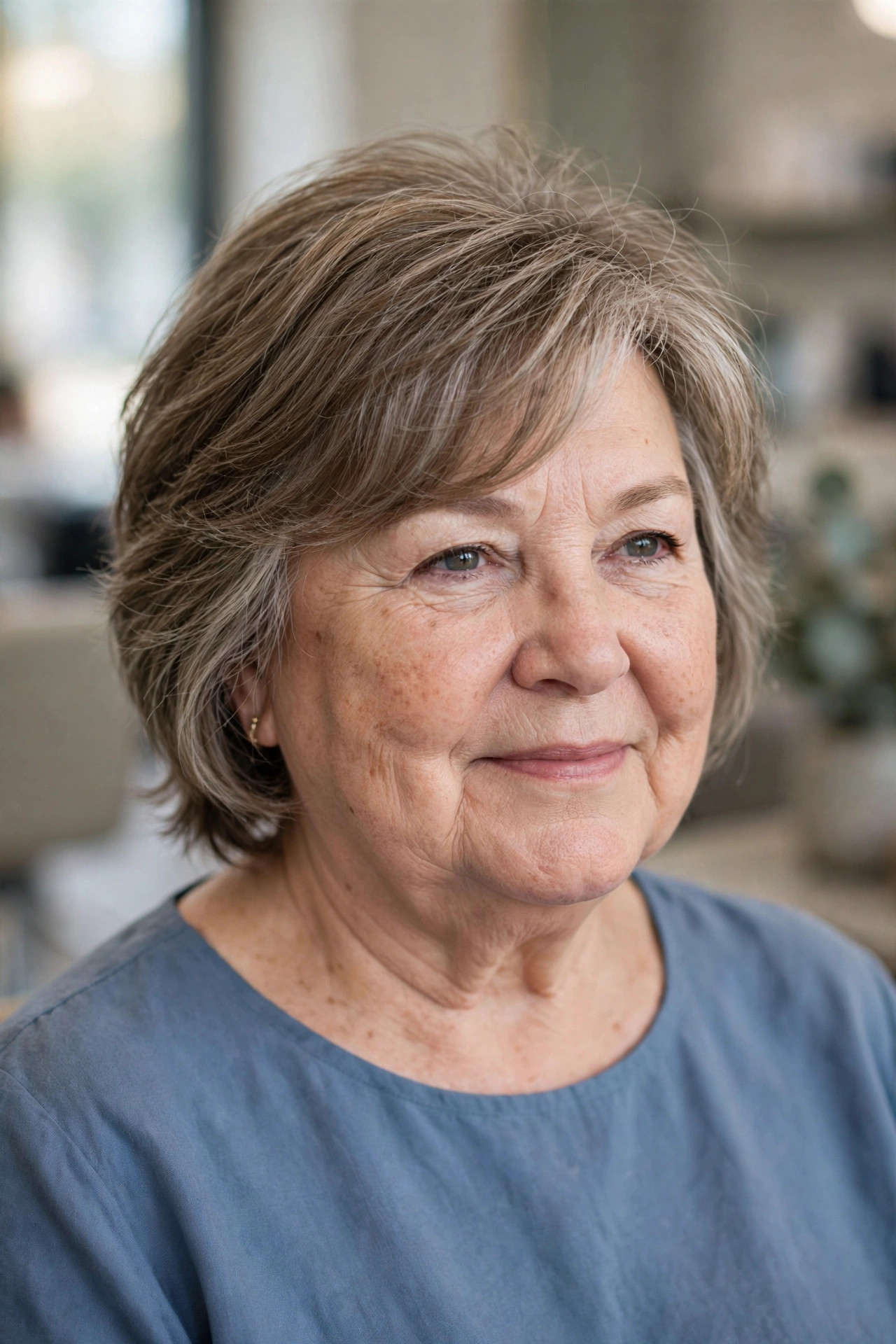 Neck-Length Crop with Wispy Ends and Side Bangs on a woman over 50 with a round face - slimming hairstyle