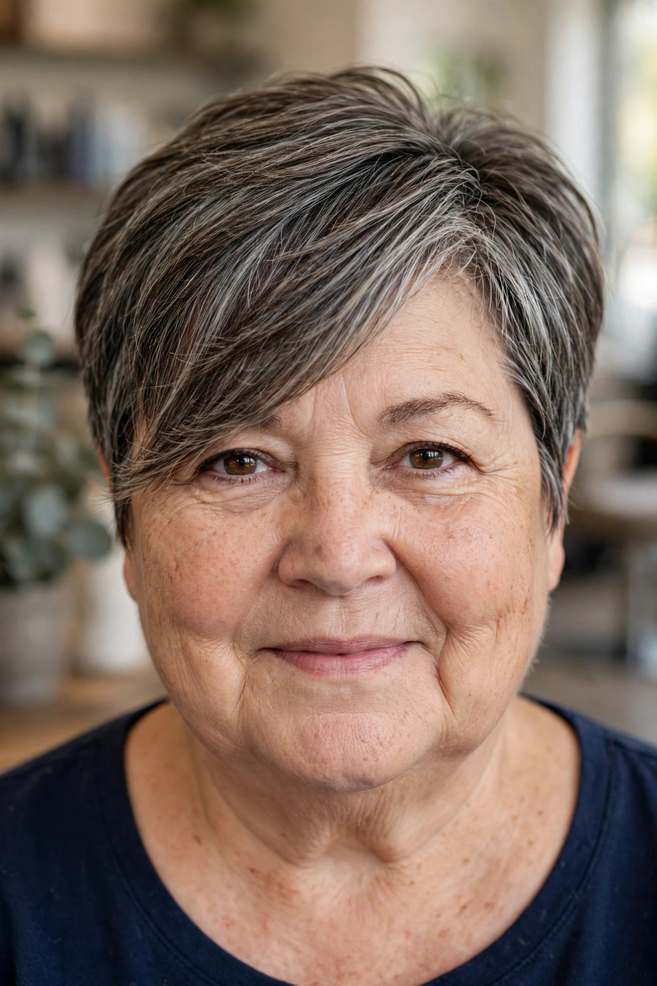Deep Side-Part Pixie with a Side-Swept Fringe on a woman over 50 with a round face - slimming hairstyle