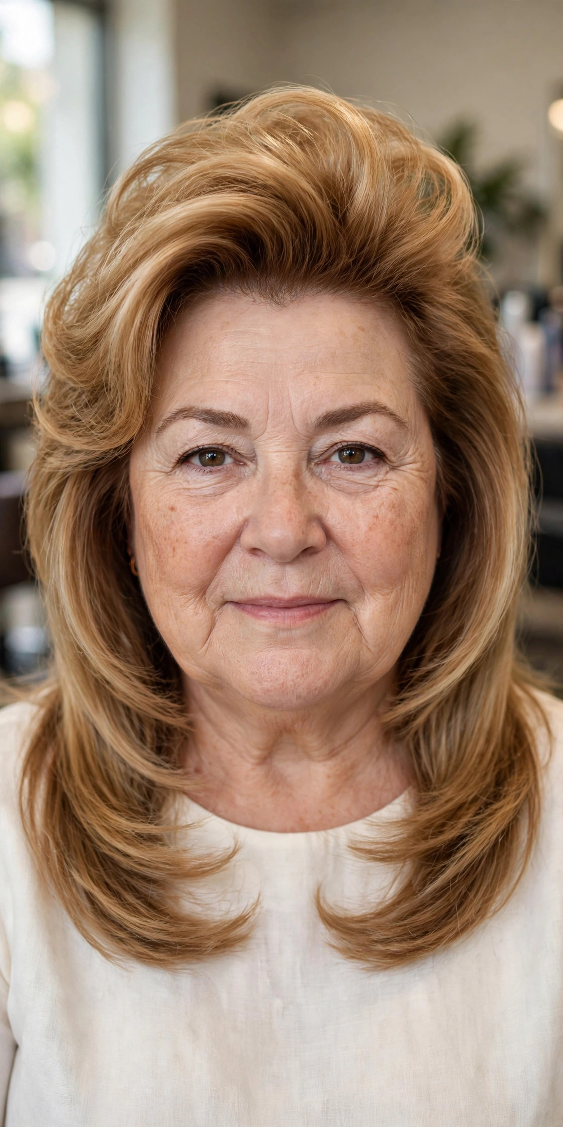 Voluminous Blowout with Lifted Roots on a woman over 50 with a round face - slimming hairstyle