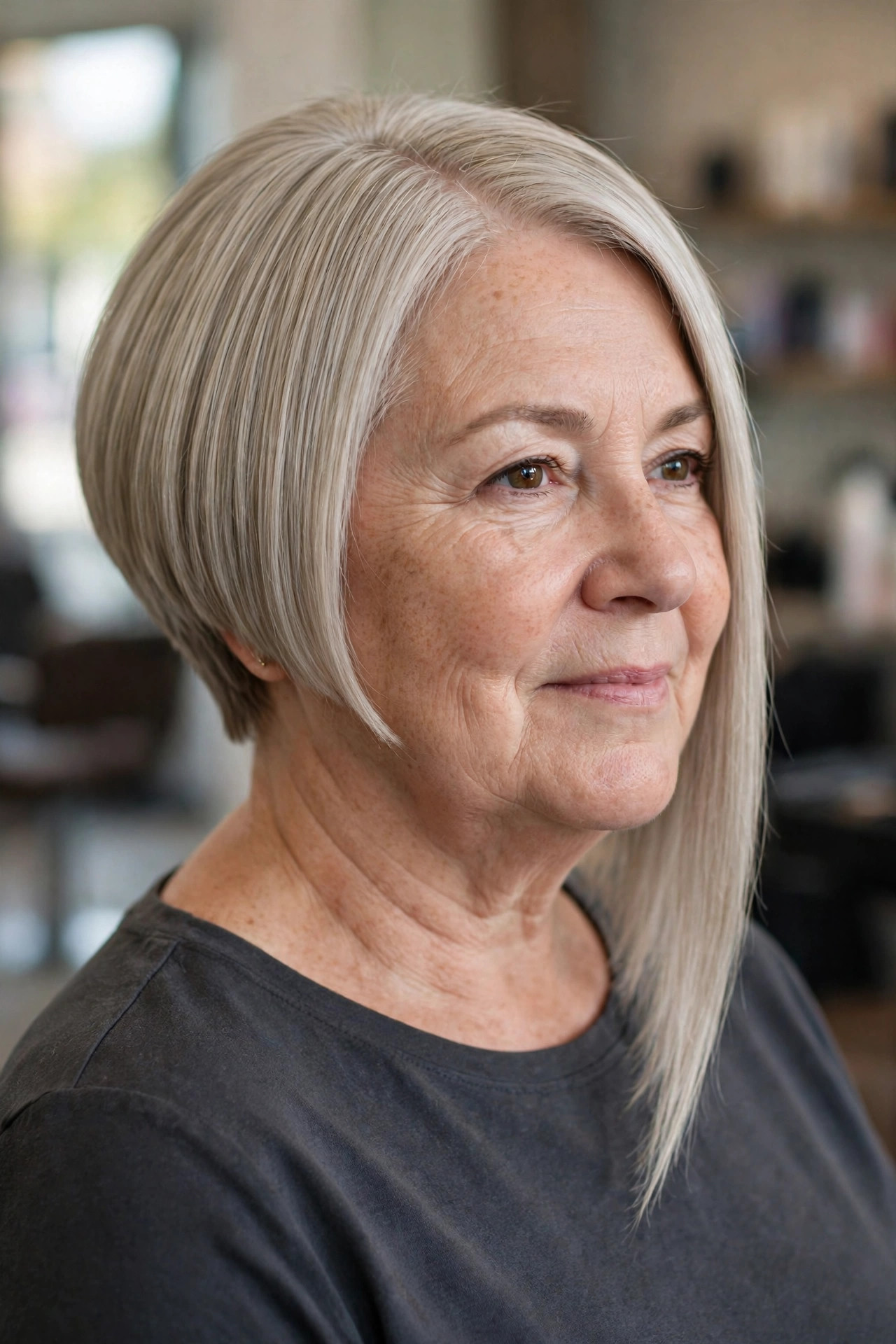 Angled A-Line Bob on a woman over 50 with a round face - slimming hairstyle